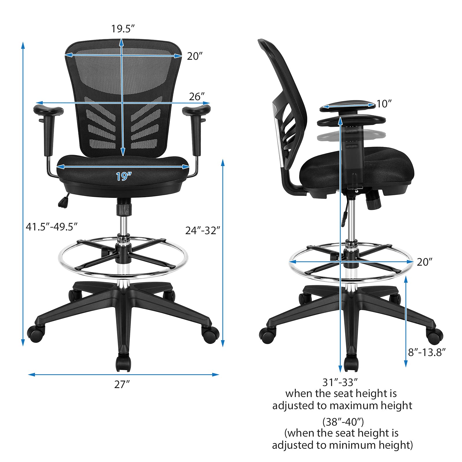 Drafting Chair, Standing Desk Chair with Lumbar Support, Footrest Ring & Armrests
