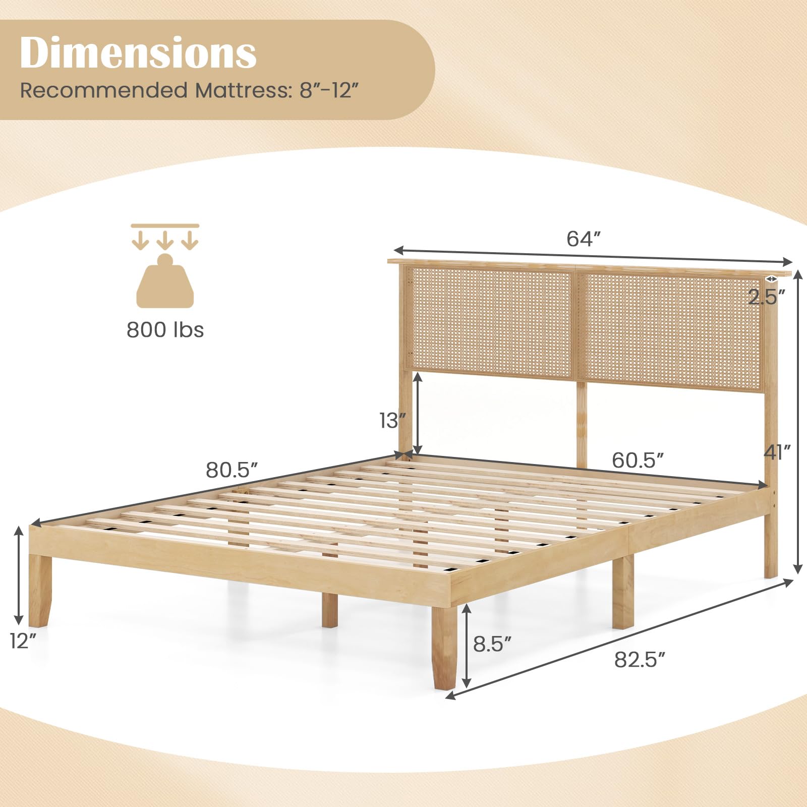 Wood Platform Bed Frame with Rattan Headboard, Wooden Slats & Under-Bed Storage
