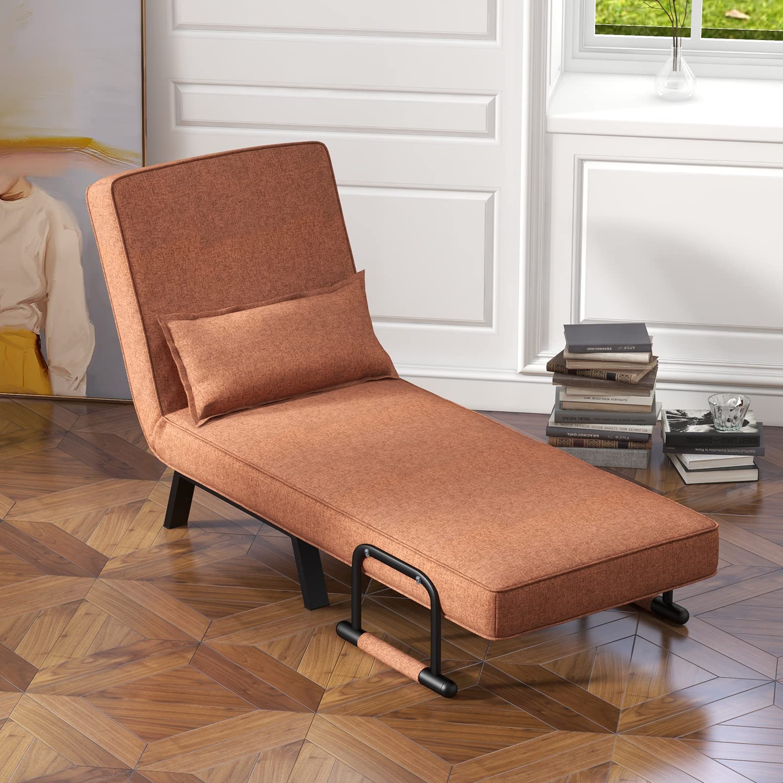Convertible Upholstered Sleeper Chair Bed with Pillow, 4-in-1 Folding Sofa Bed with 6-Position Adjustable Backrest
