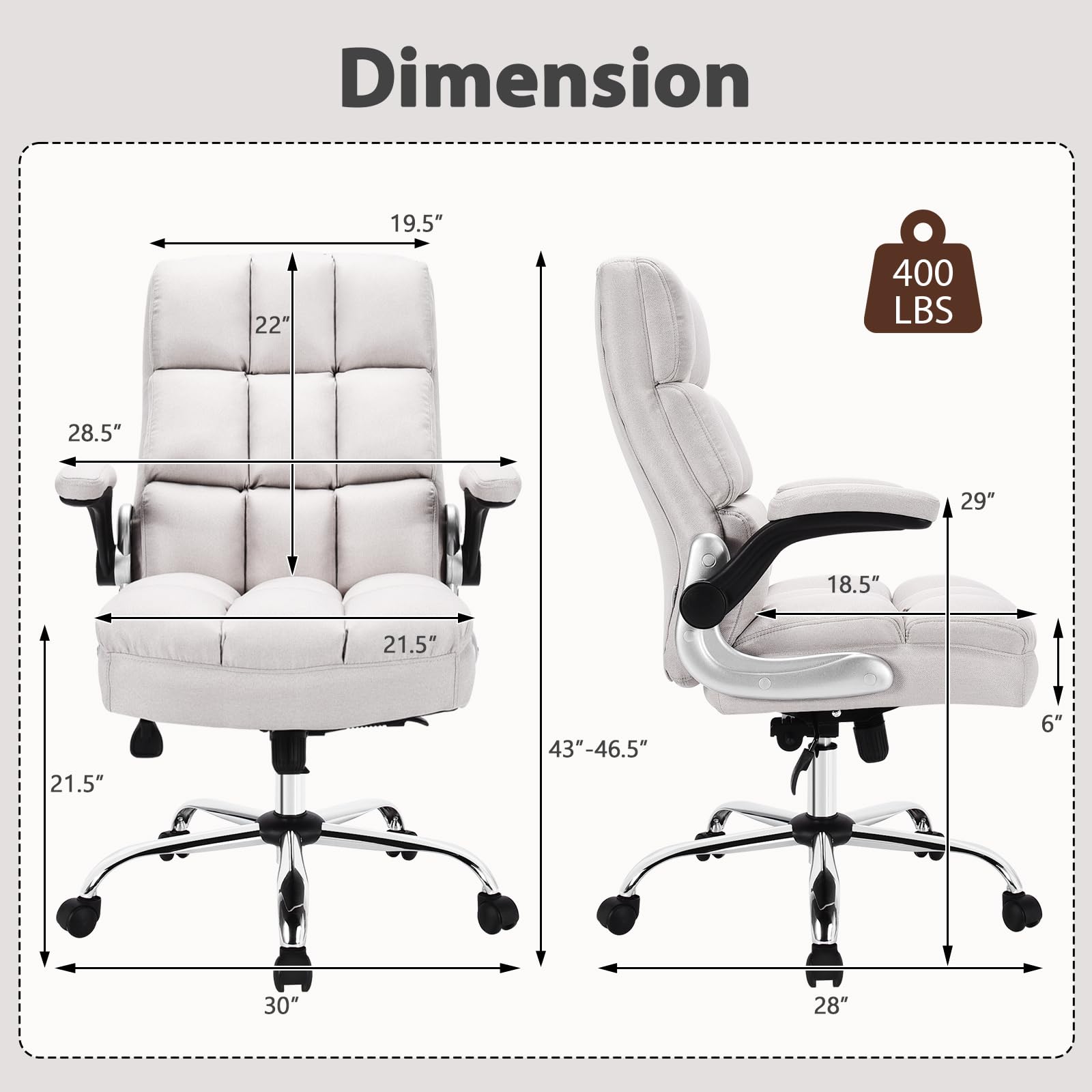 Executive Office Chair, Adjustable Tilt Angle and Flip-up Armrest Linen Fabric Upholstered Chair with Thick Padding