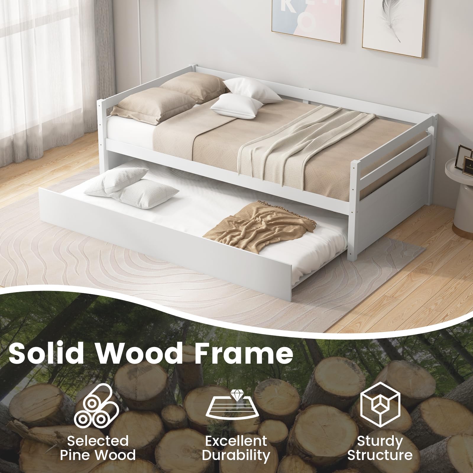 Twin Daybed with Trundle, Wood Trundle Bed with Wood Slat Support