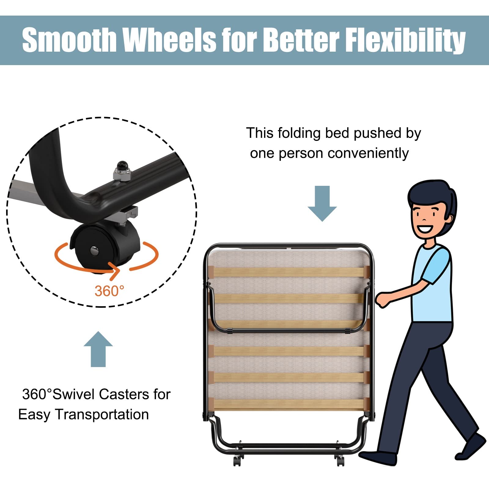 Portable Folding Rollaway Bed with Steel Frame & Memory Foam Mattress