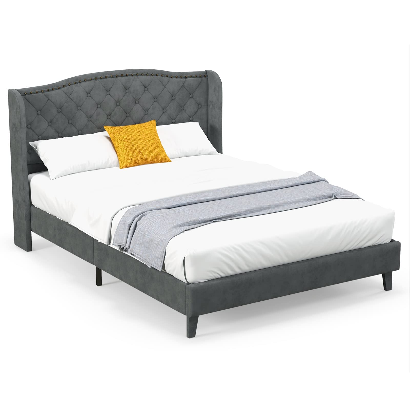 Full/Queen Size Velvet Upholstered Platform Bed Frame with Button Tufted Headboard