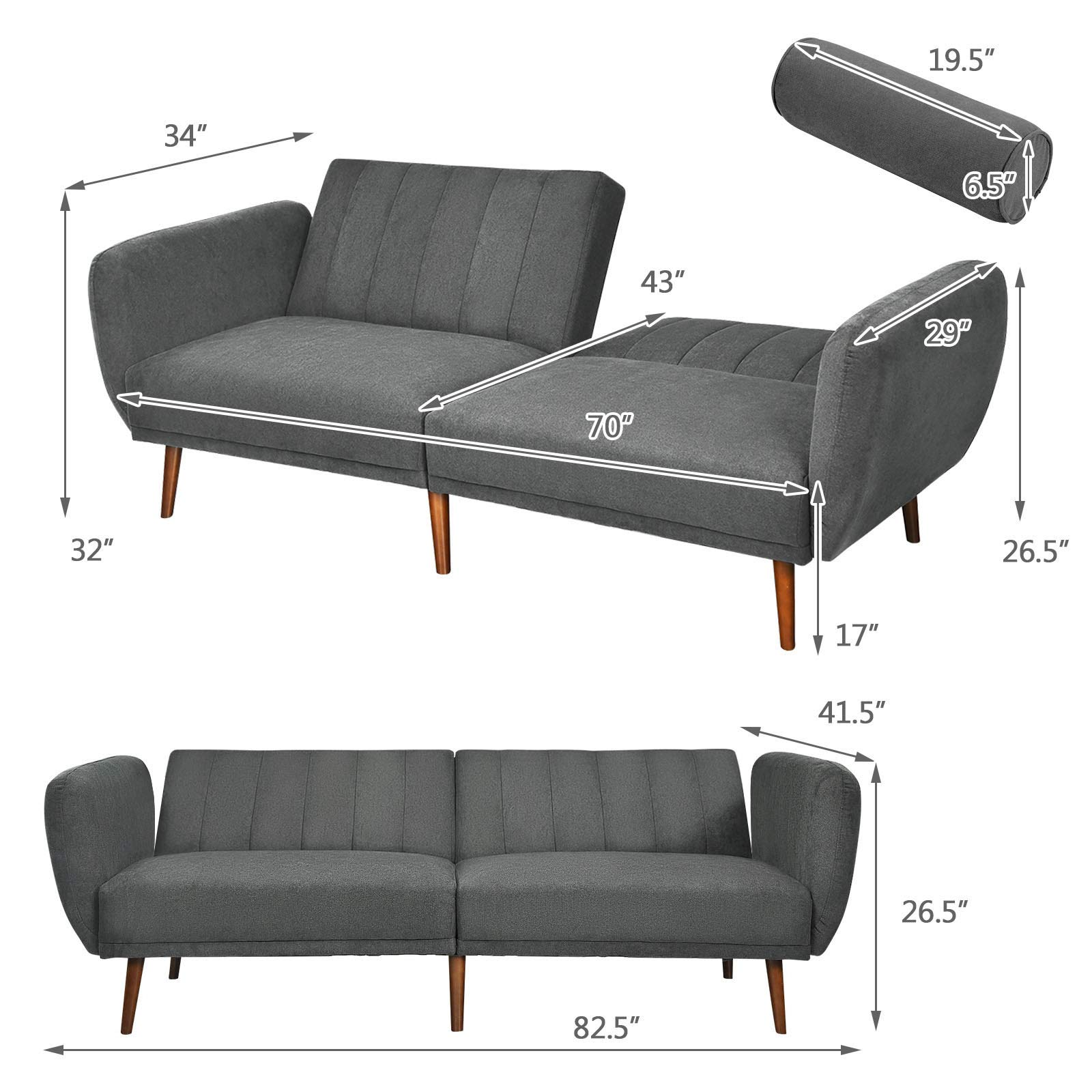 Foldable Futon Sofa Bed, Convertible Sofa Couch Upholstered Futon Sleeper Sofa, 3-Level Angle Adjustable