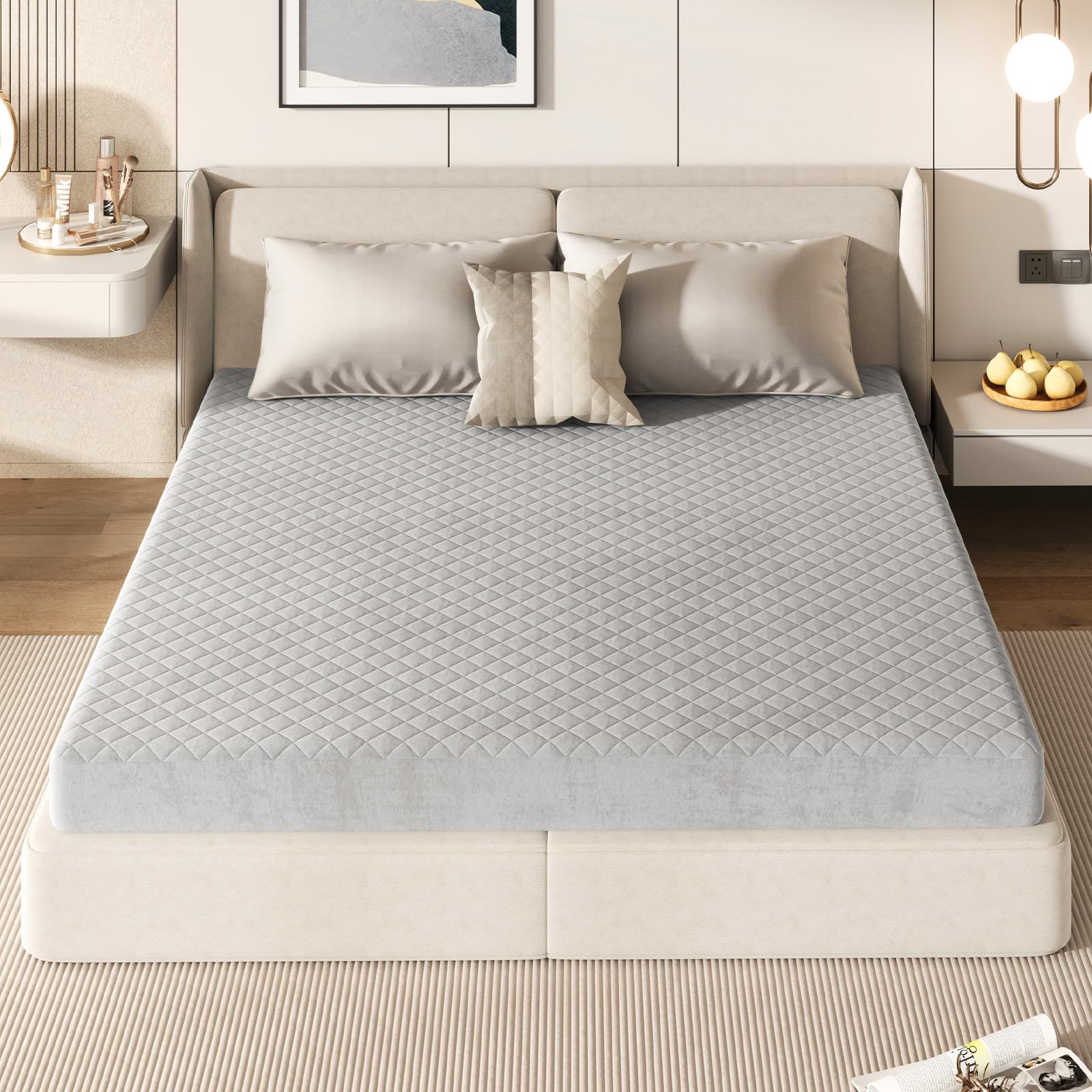 Mattress Topper Cover, Soft Velvet Mattress Protector with Deep Pockets, Elastic Sides & Anti-Slip Bottom