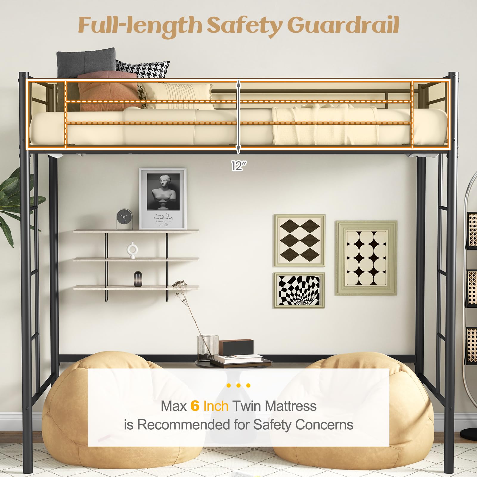 Metal Loft Bed Frame Twin Size