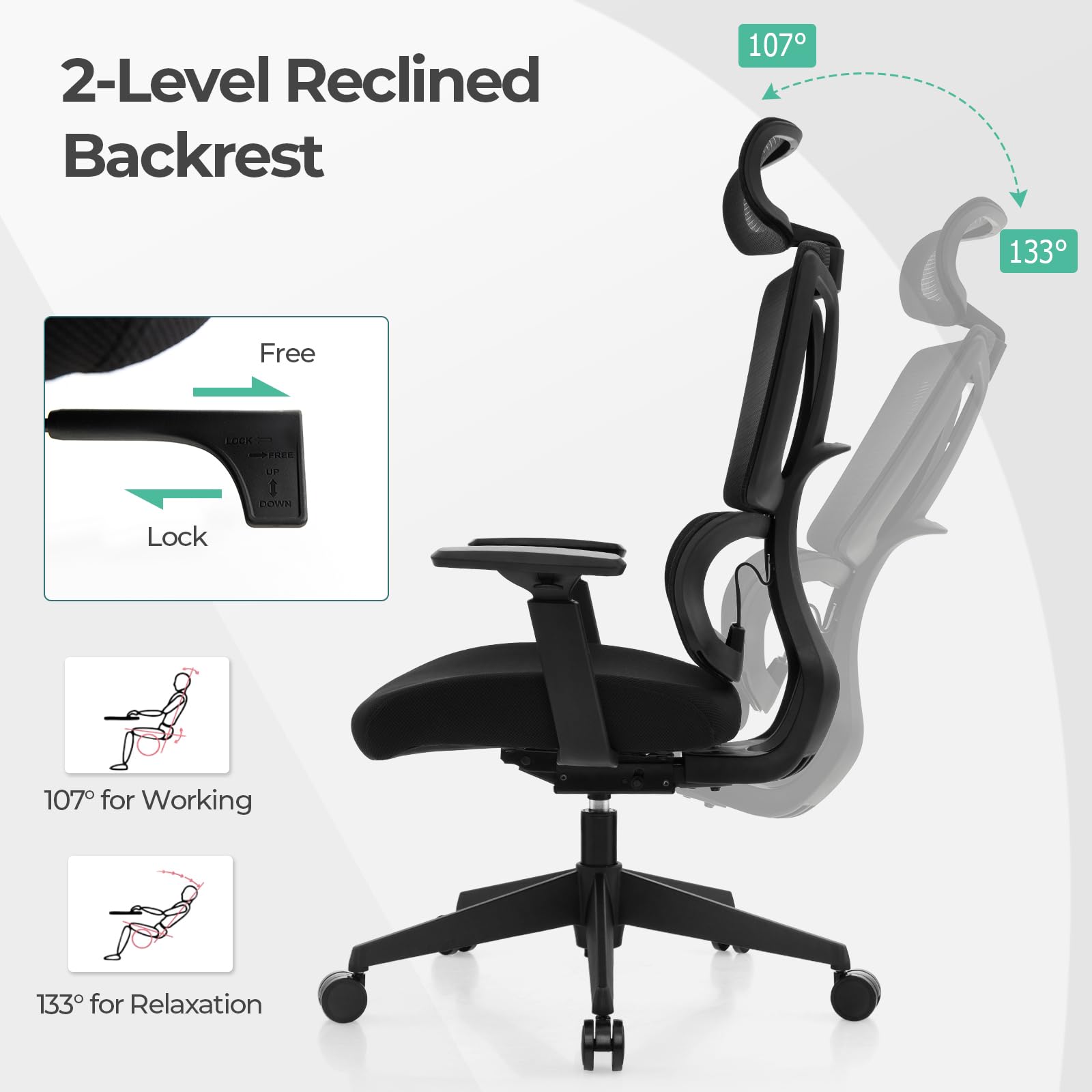 Ergonomic Office Chair - Mesh Desk Chair with Adjustable Lumbar Support, Headrest & Armrests