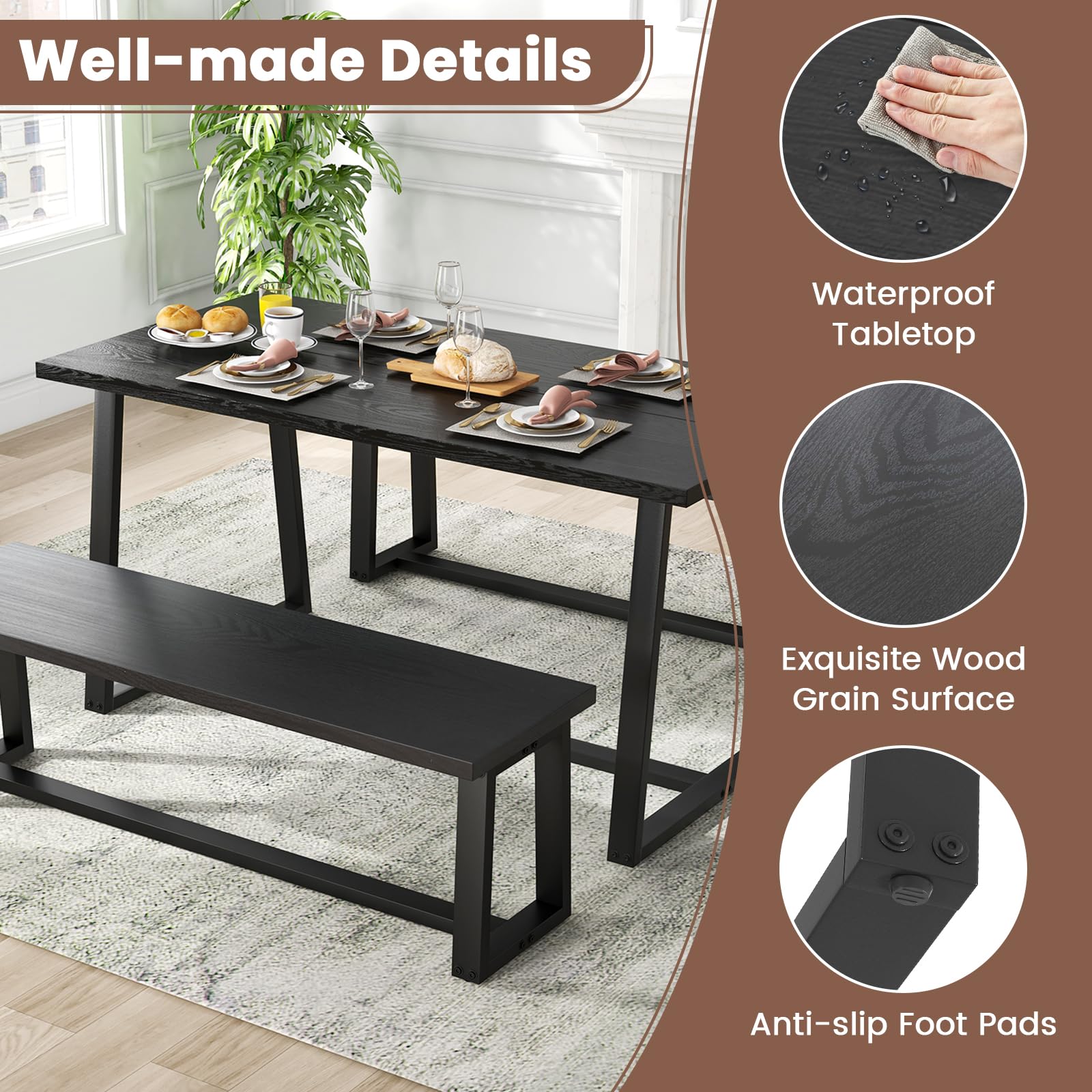 63" Rectangular Large Dining Table for 4-6, Mid-Century Kitchen Table w/Heavy-Duty Metal Frame