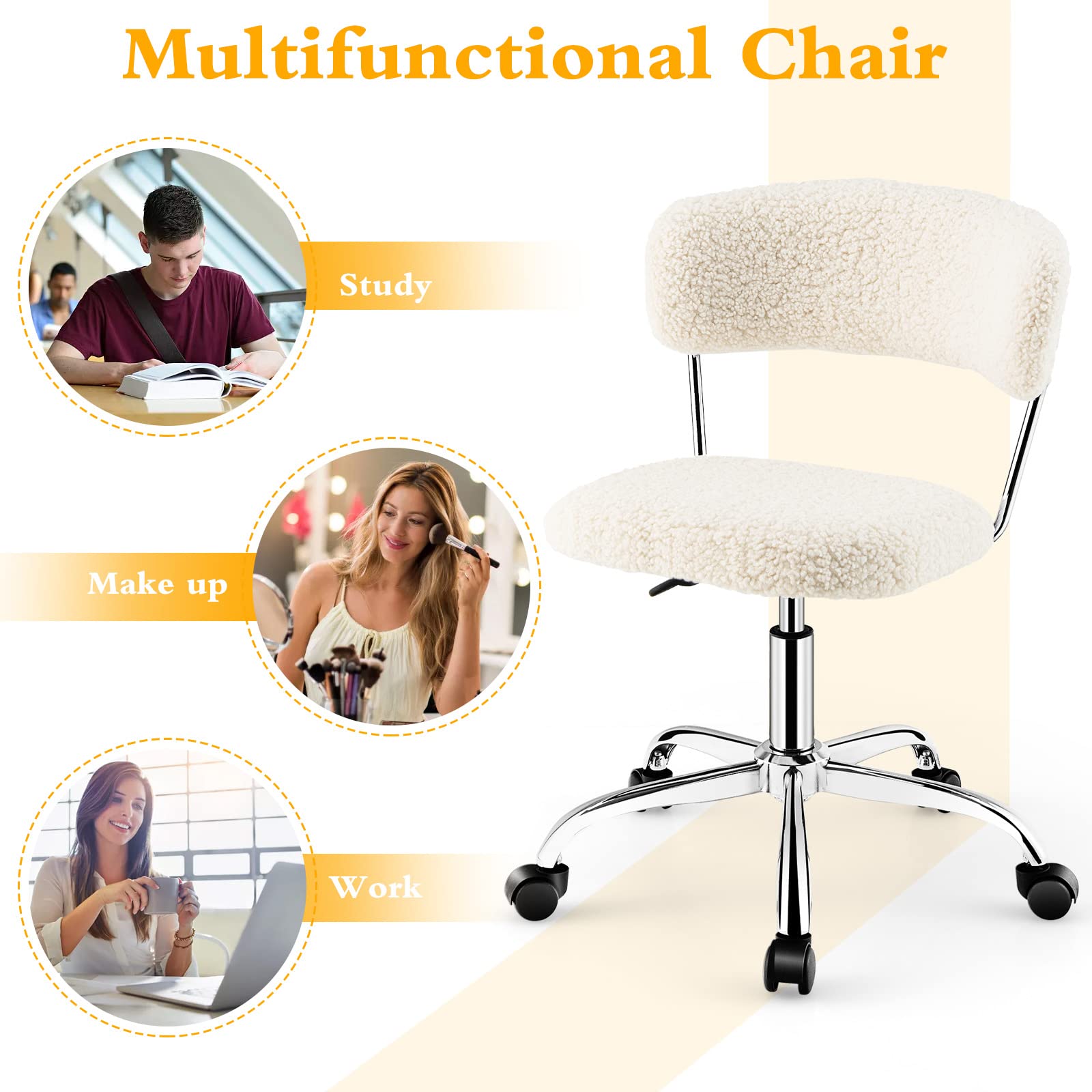 360&deg; Faux Fur Swivel Leisure Chair, Rolling Home Office Chair w/ Wheels & Adjustable Height,
