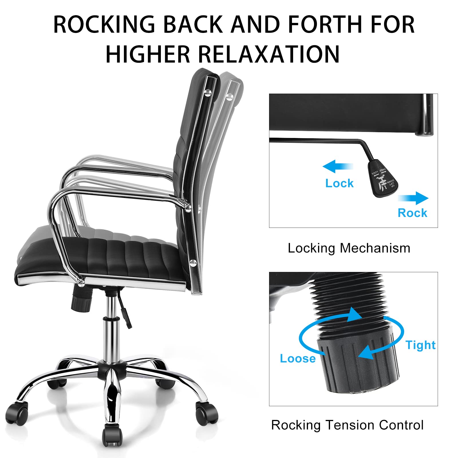 Ribbed Office Chair, Ergonomic Modern Leather Desk Chair with Adjustable Height & Arms, Swivel Mid Back Executive Conference Room Chairs