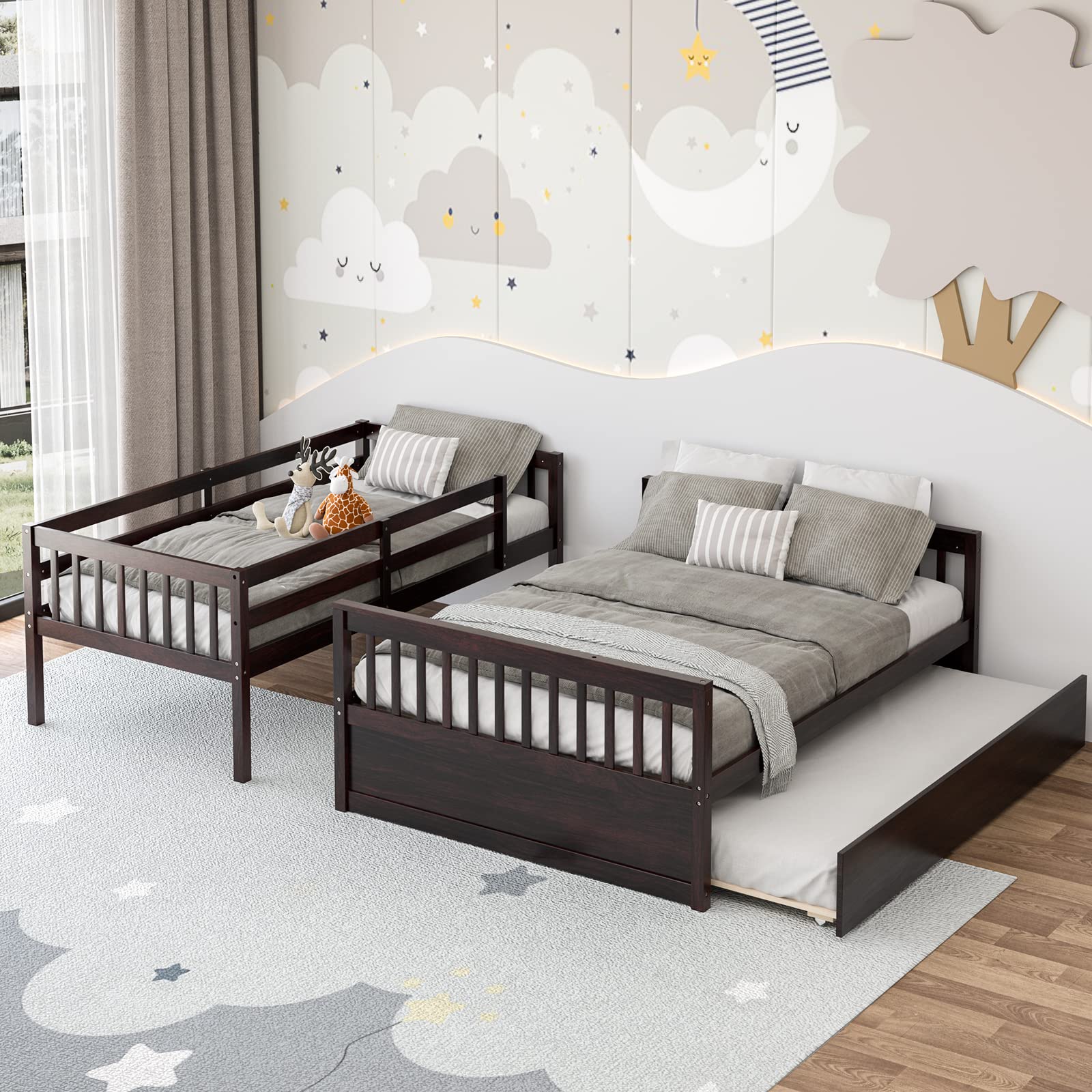 Wood Twin Over Full Bunk Bed with Solid Pine Wood Frame