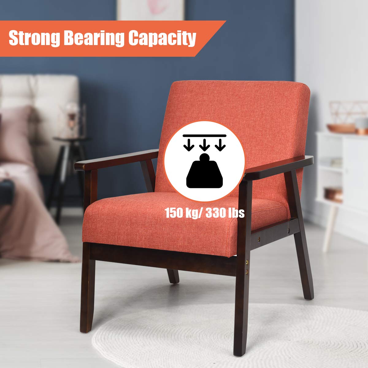 Solid Hardwood Made Mid-Century Modern Accent Chair | Retro Fabric Armchair