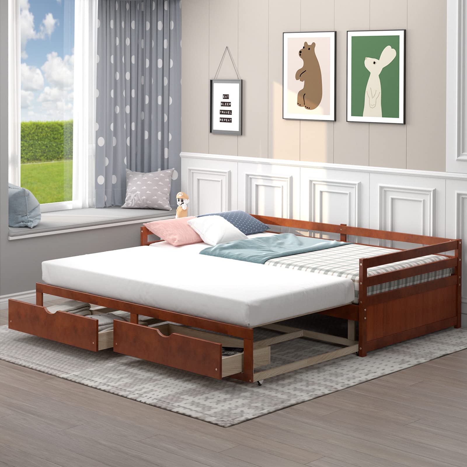 Wood Daybed with Trundle, Extendable Twin to King Daybed Frame with 2 Storage Drawers