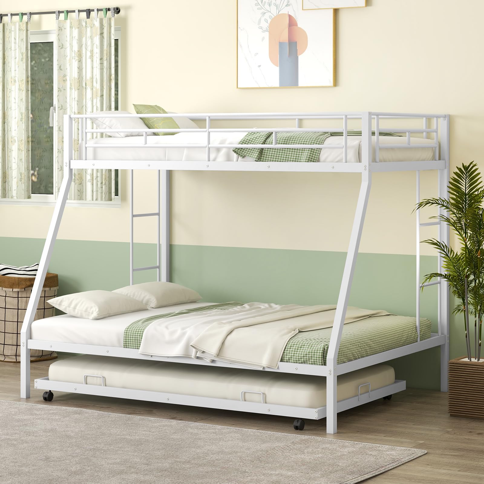 Twin Over Full Heavy-Duty Metal Bunk Bed with Trundle, Guardrail & 2 Ladders