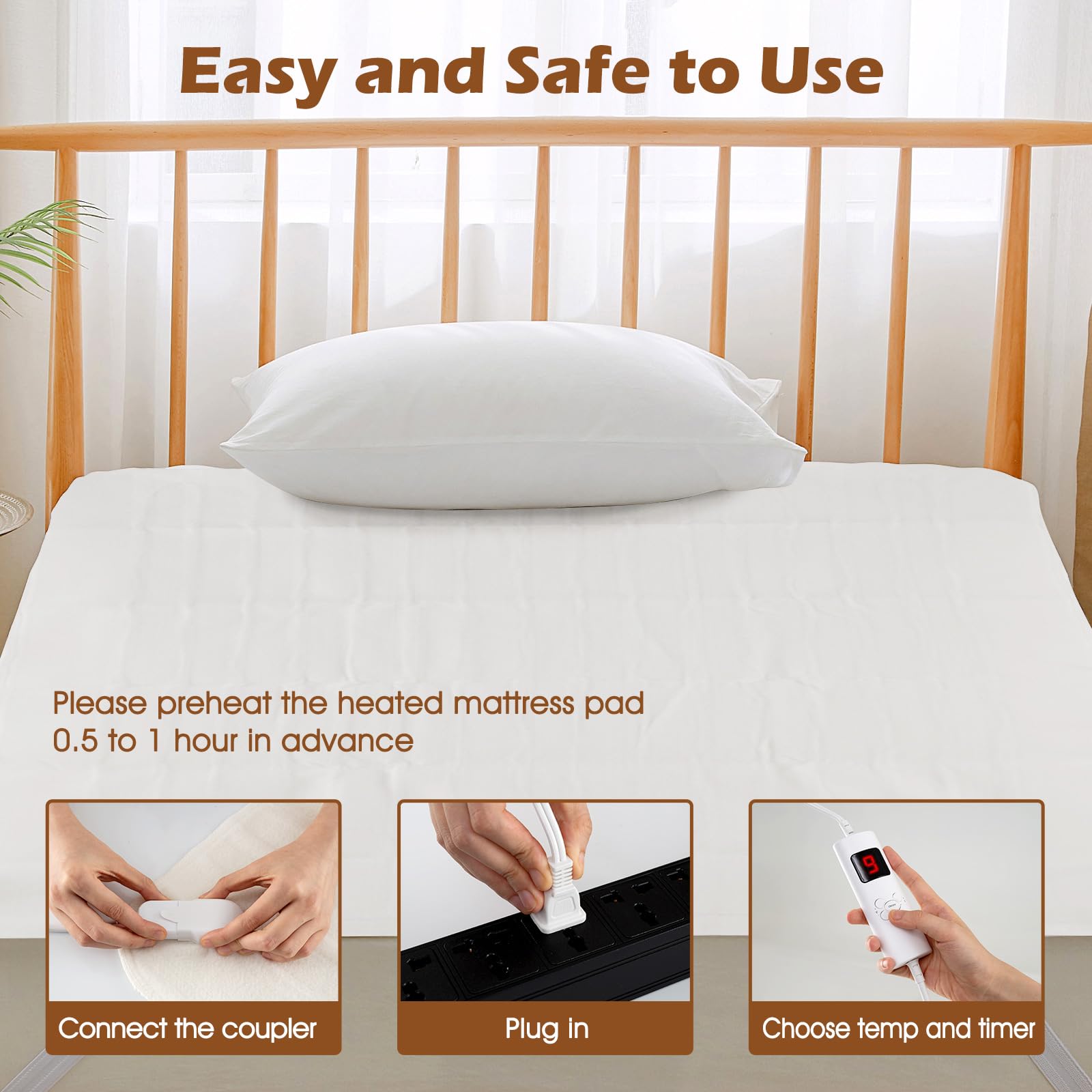 Heating Electric Mattress Pad with Dual Controllers, 9 Heat Settings & 9-Hour Auto Off, Machine Washable Bed Warmer for up to 10 Inches Mattress, 80&rdquo; x 78&rdquo;