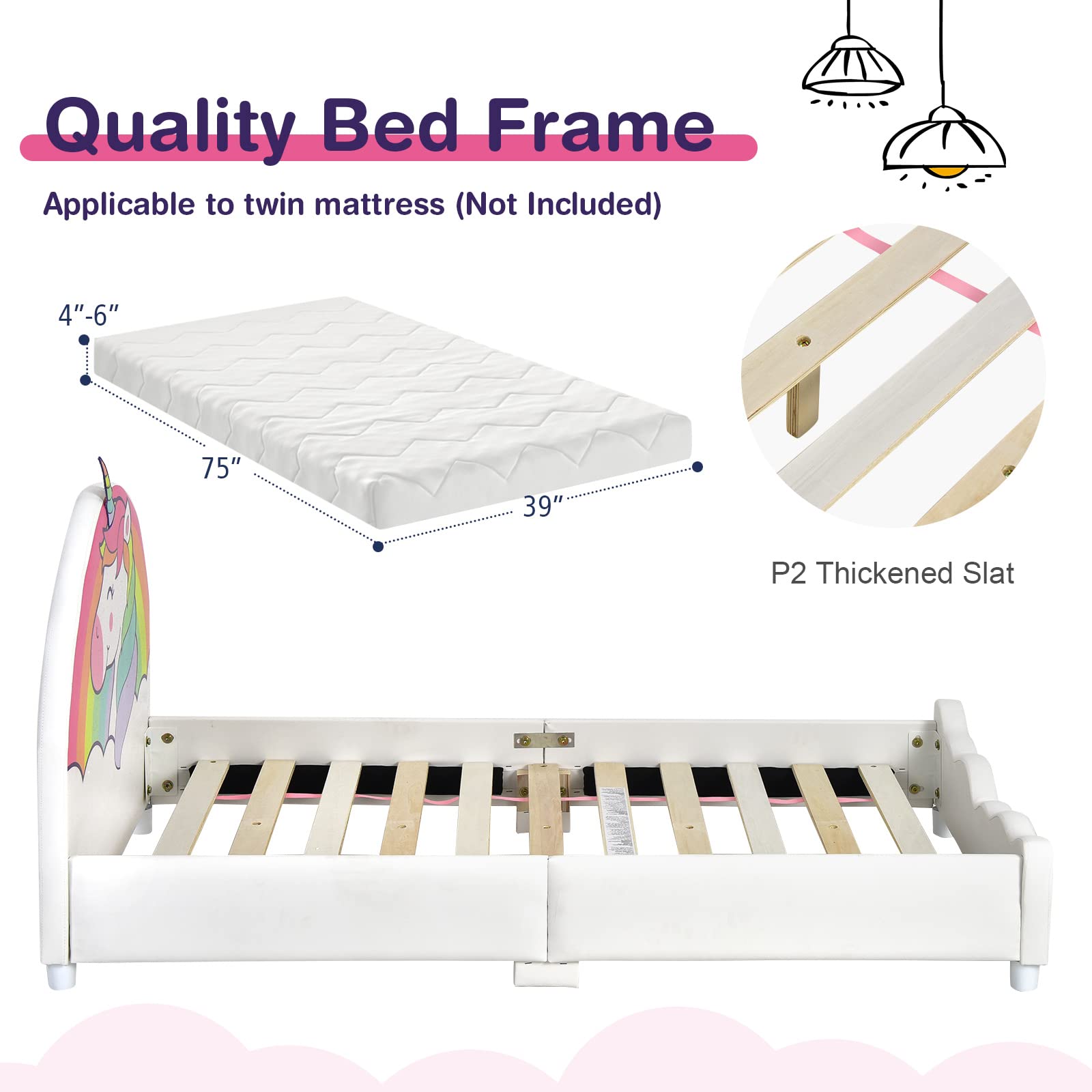 Kids Bed, Toddler Upholstered Platform Floor Bed w/Headboard & Wooden Slat Base