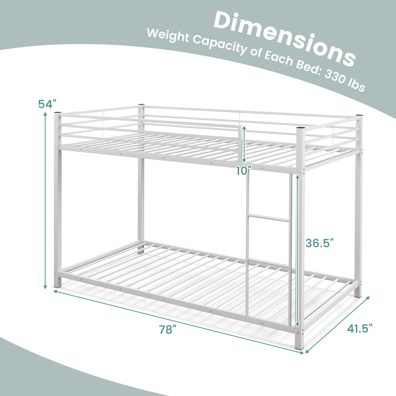 Twin Over Twin Metal Low Floor Bunk Bed with Safety Guard Rail & Ladder