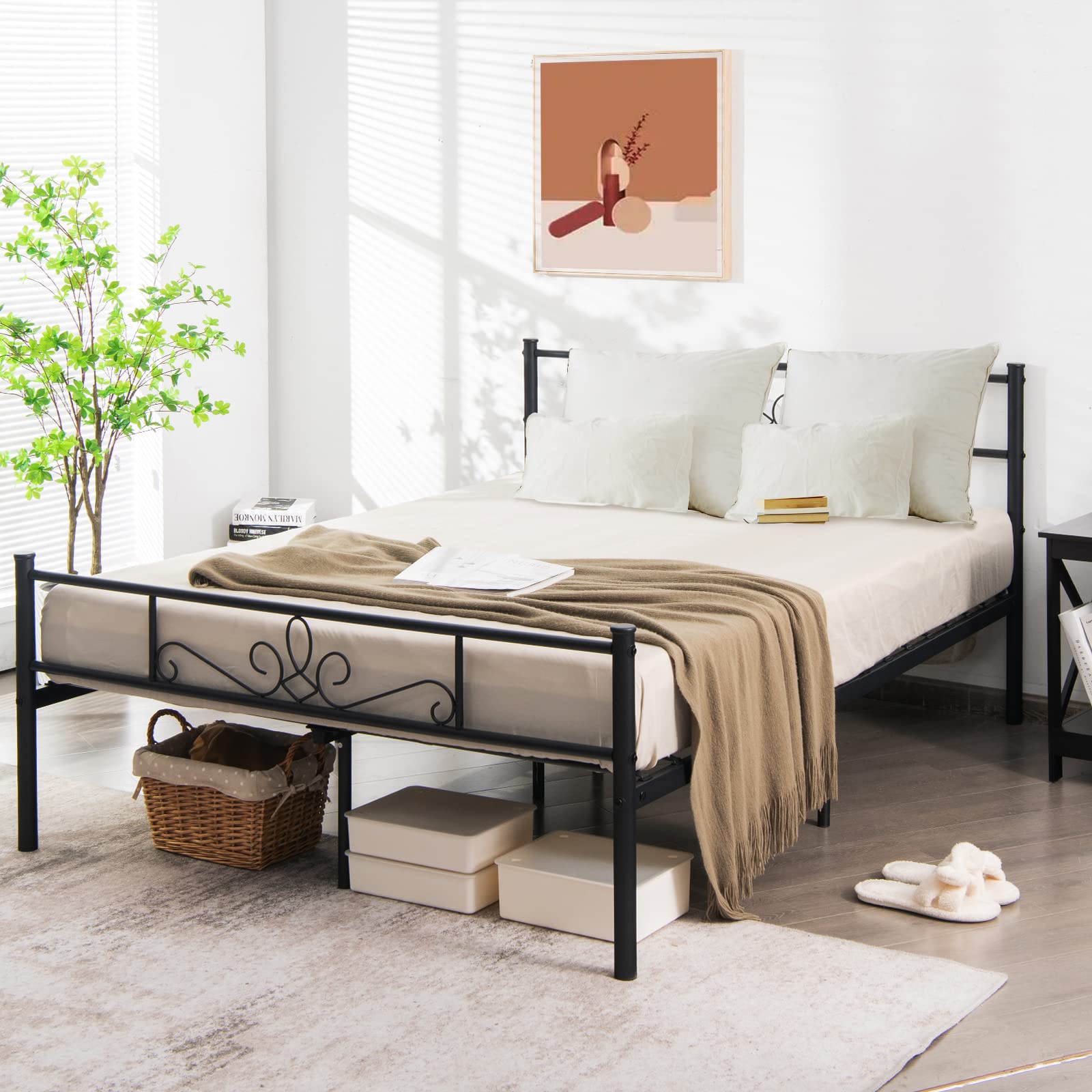 Metal Platform Bed Frame with Headboard & Footboard, Reinforced Metal Slats Supported Mattress Foundation