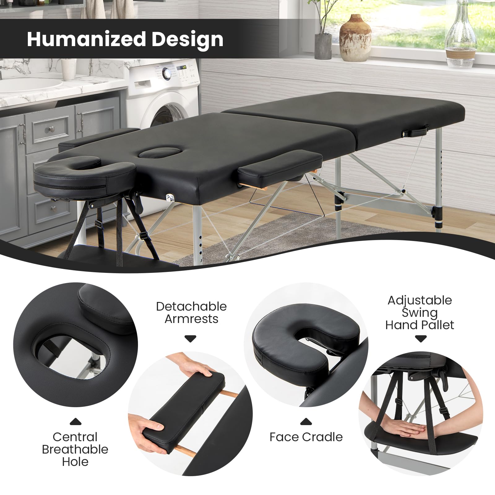 Massage Table, Portable Massage Bed with Carrying Bag, 2 Fold Salon Spa Tattoo Bed, Height Adjustable