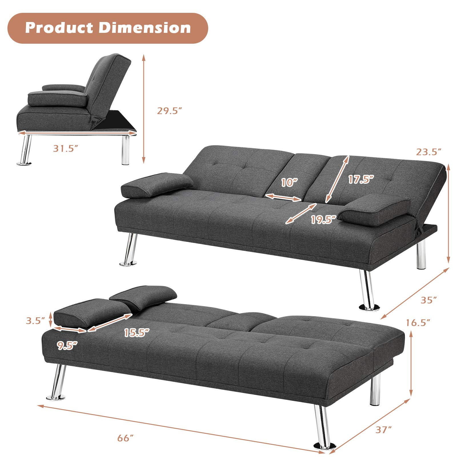 Convertible Futon Sofa Bed with Adjustable Backrest & Removable Armrests, 2 Cup Holders