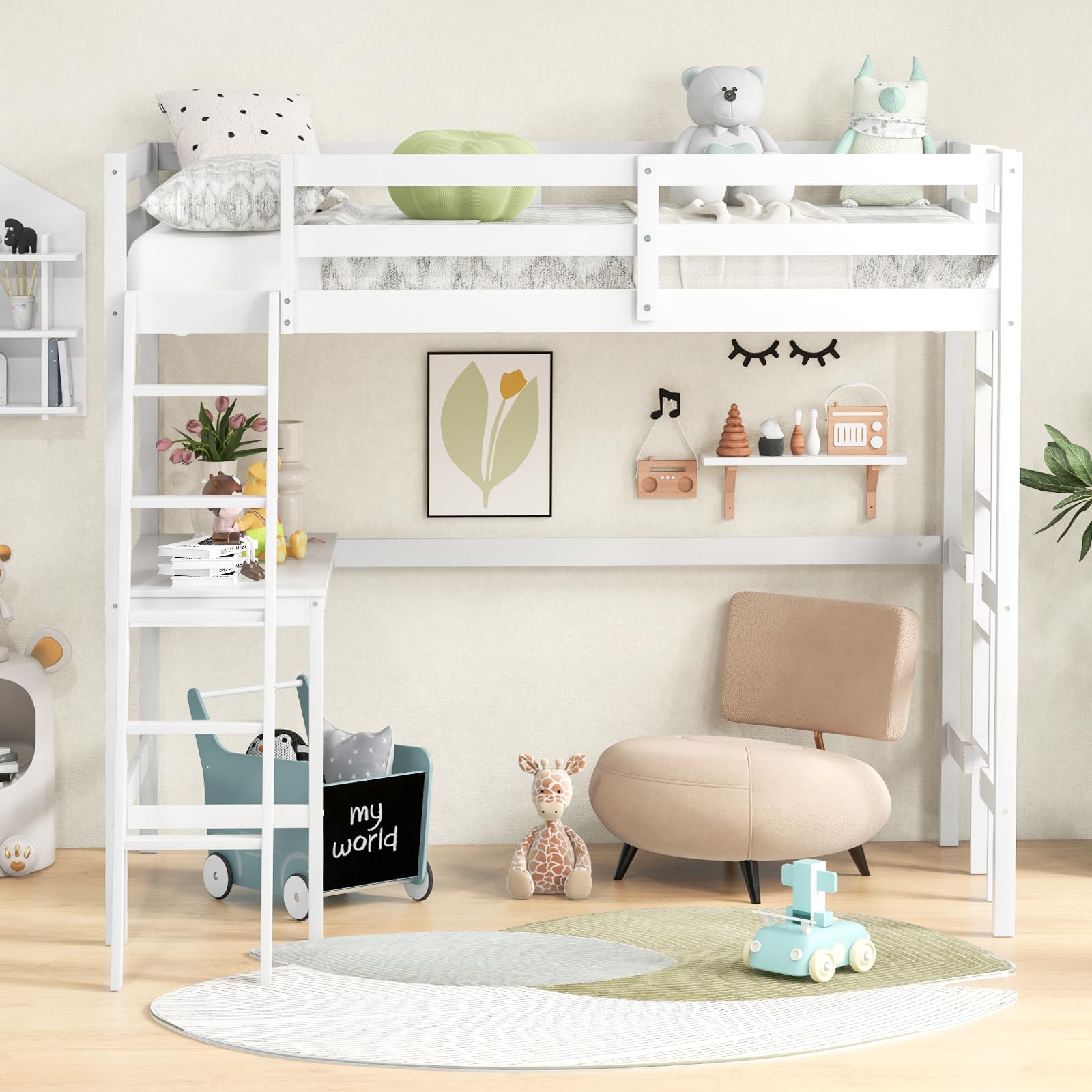 Twin Size Wood Loft Bed with Desk, 2 Ladders, Full Length Guardrail for Kids Teens Adults