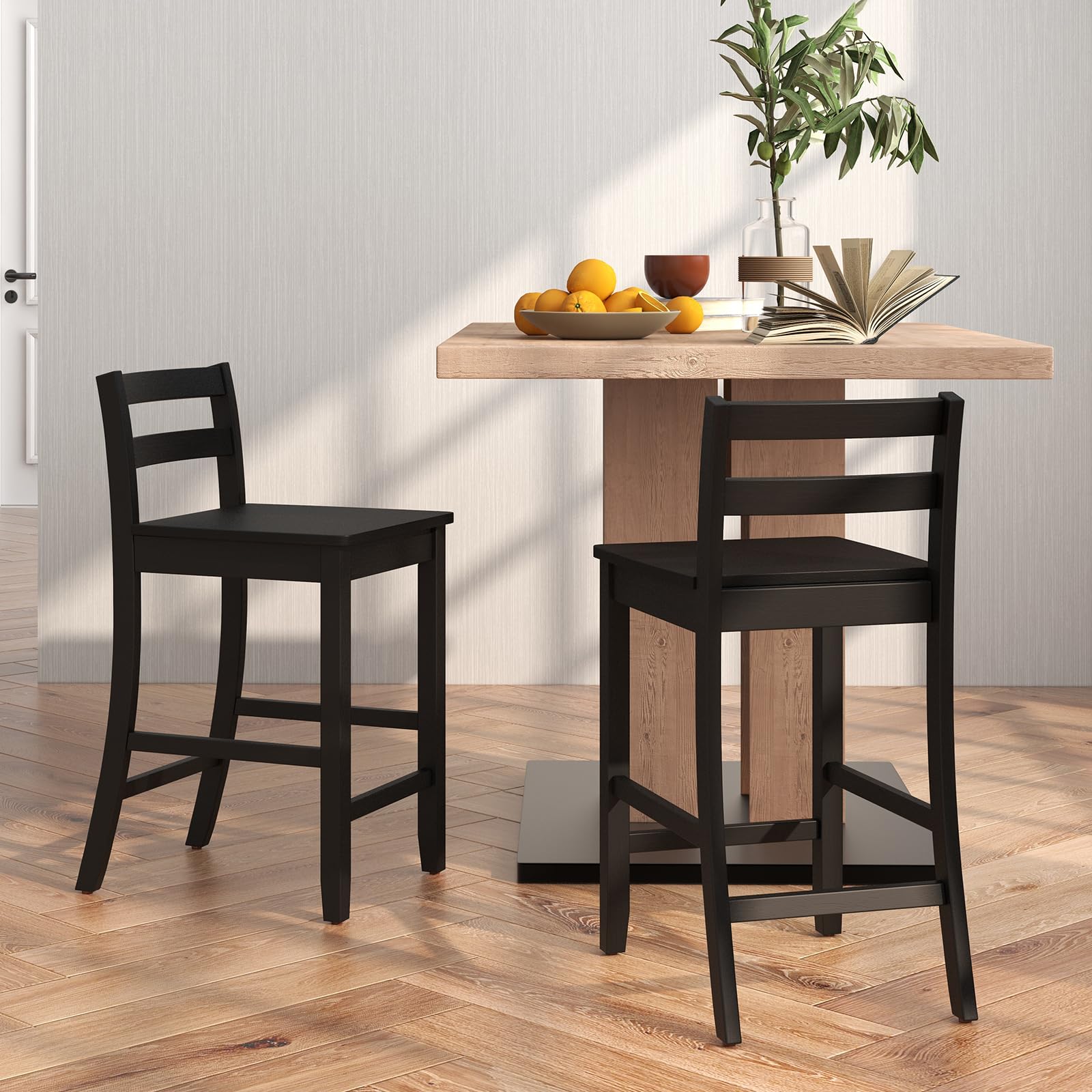 Wooden Bar Stools Set of 2/4, 24-Inch Counter Height Stools with Ergonomic Backrest & Footrest