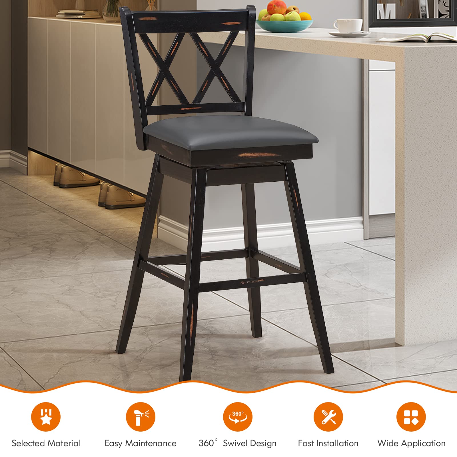 360 &deg; Swivel Bar Stool Set of 2/4 with Foot Rest Upholstered Cushion & Ergonomic Backrest