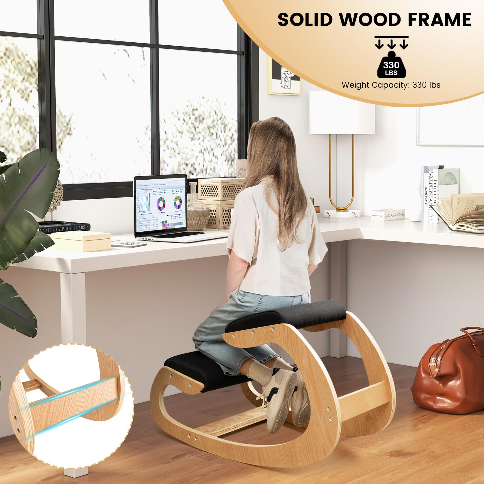 Ergonomic Kneeling Chair, Posture Chair for Desk with Cushion, Solid Wood Frame