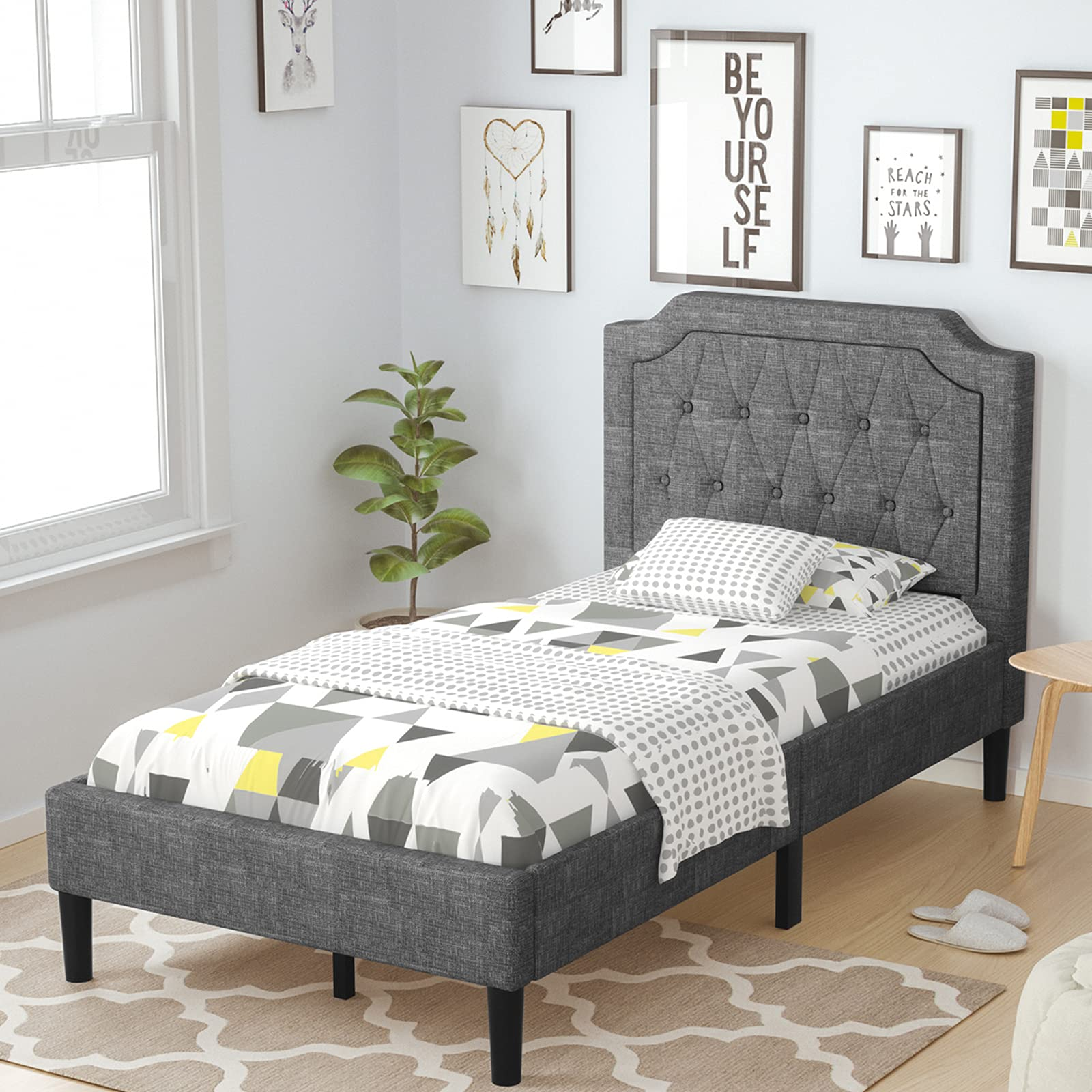 Twin Size Upholstered Bed Frame with Button Stitched Headboard