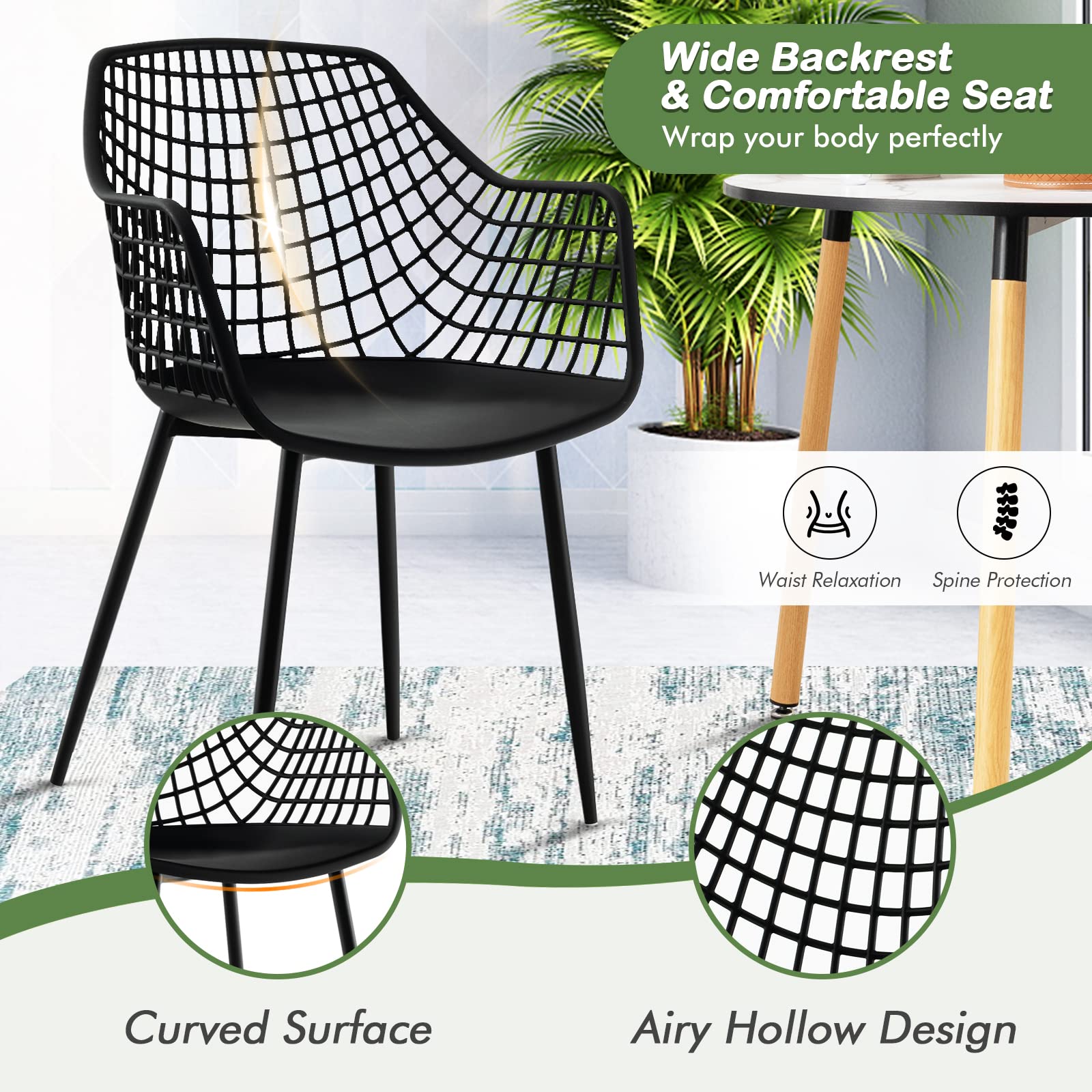 Modern Dining Chairs Set of 4 - Arm Chair with 15" High Backrest, Powder-Coated Metal Legs, Anti-Slip Foot Pads