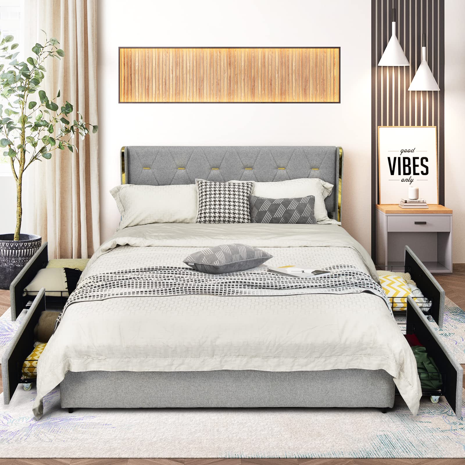 Full/Queen Upholstered Bed Frame with 4 Rolling Storage Drawers, Space Saving PU Leather Bed Frame