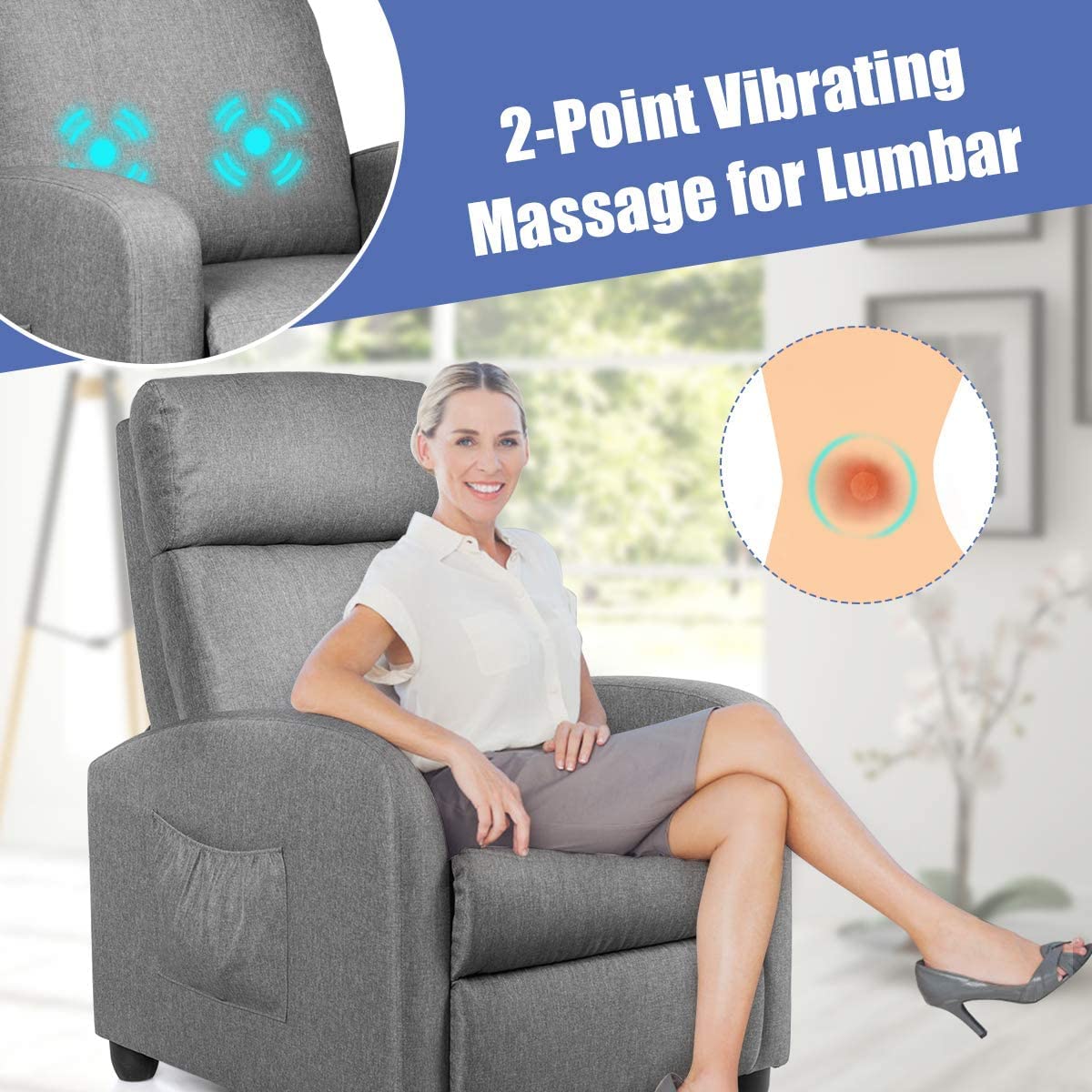 Recliner Chair with Adjustable Backrest & Footrest, Living Room Ergonomic Single Sofa with Remote and Side Pocket