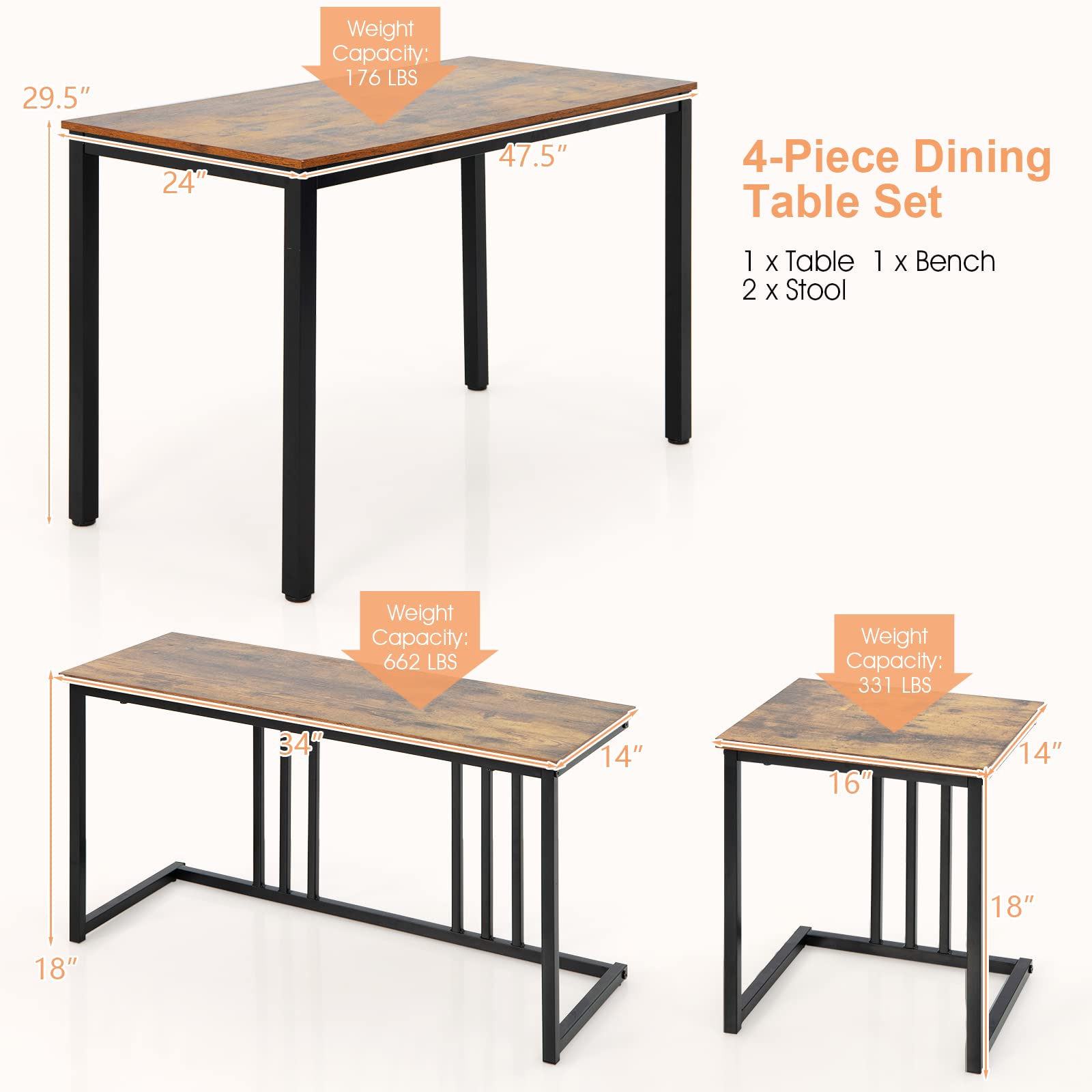 4 Piece Dining Table Set for 4 with Bench & 2 Stools, Space-Saving Desk Set