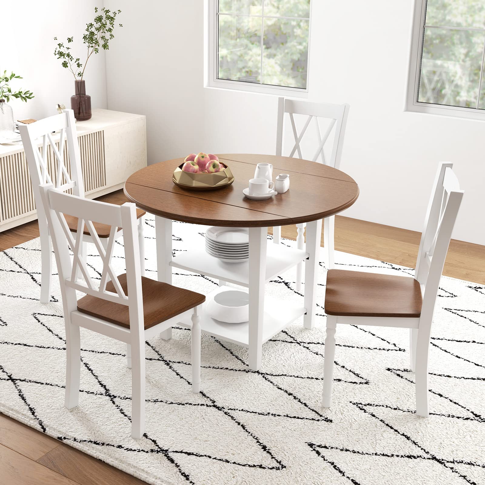 Dining Table Set for 4 with Drop Leaf Round Kitchen Table & 4 Chairs