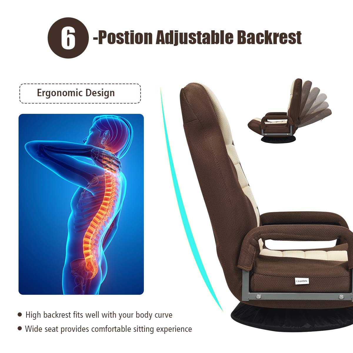 360-Degree Foldable Swivel Gaming Floor Chair With 6 Adjustable Position, Armrests, Padded Backrest