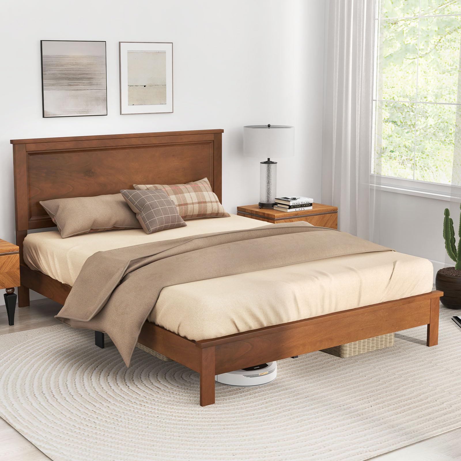 Wood Platform Bed Frame with Headboard, Mid Century Platform Bed Frame with Solid Wood Legs & Wooden Slat Support