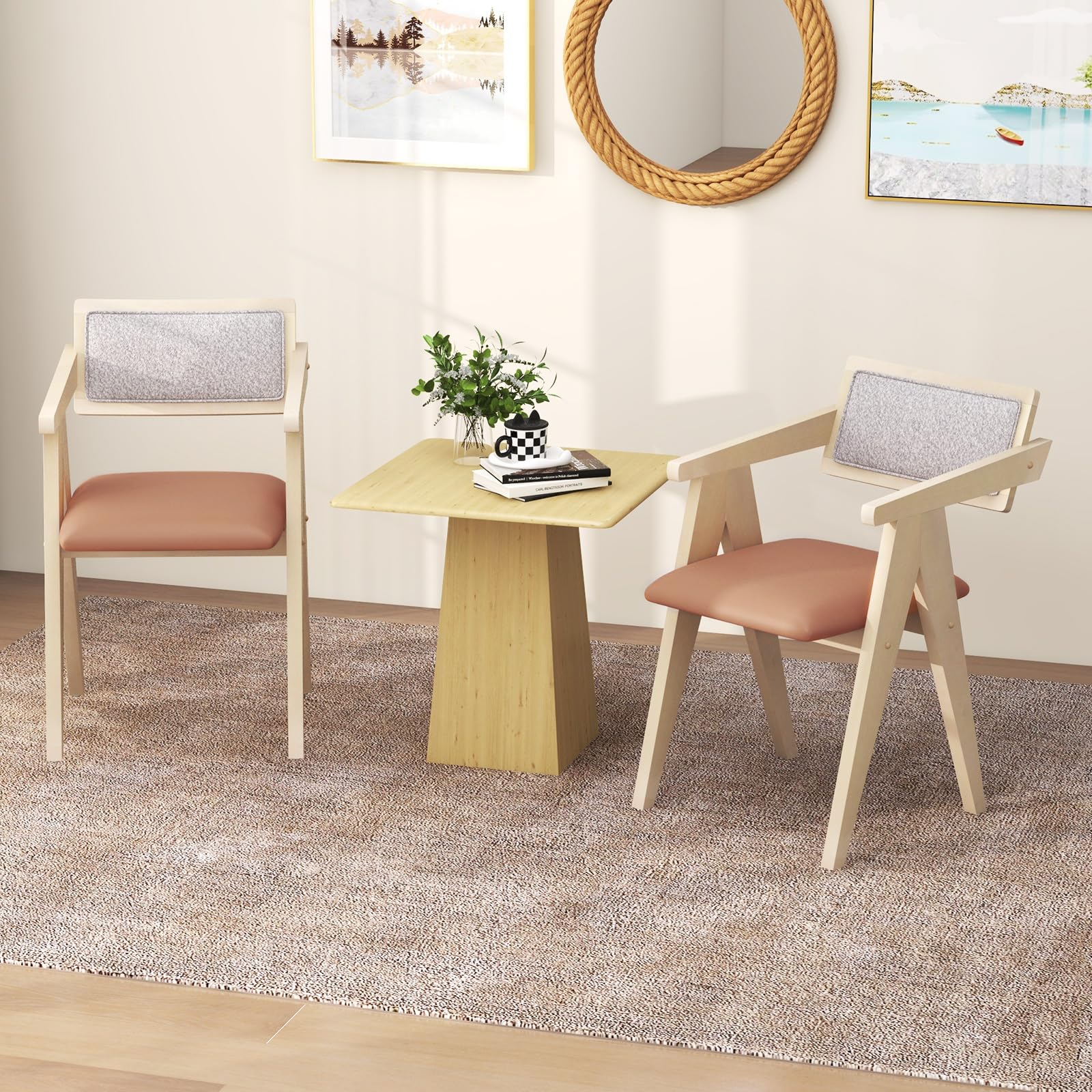 Wooden Dining Chairs Set of 2/4, Mid Century Upholstered Kitchen Chairs w/Leathaire Seat Cushions & Sherpa Backrests