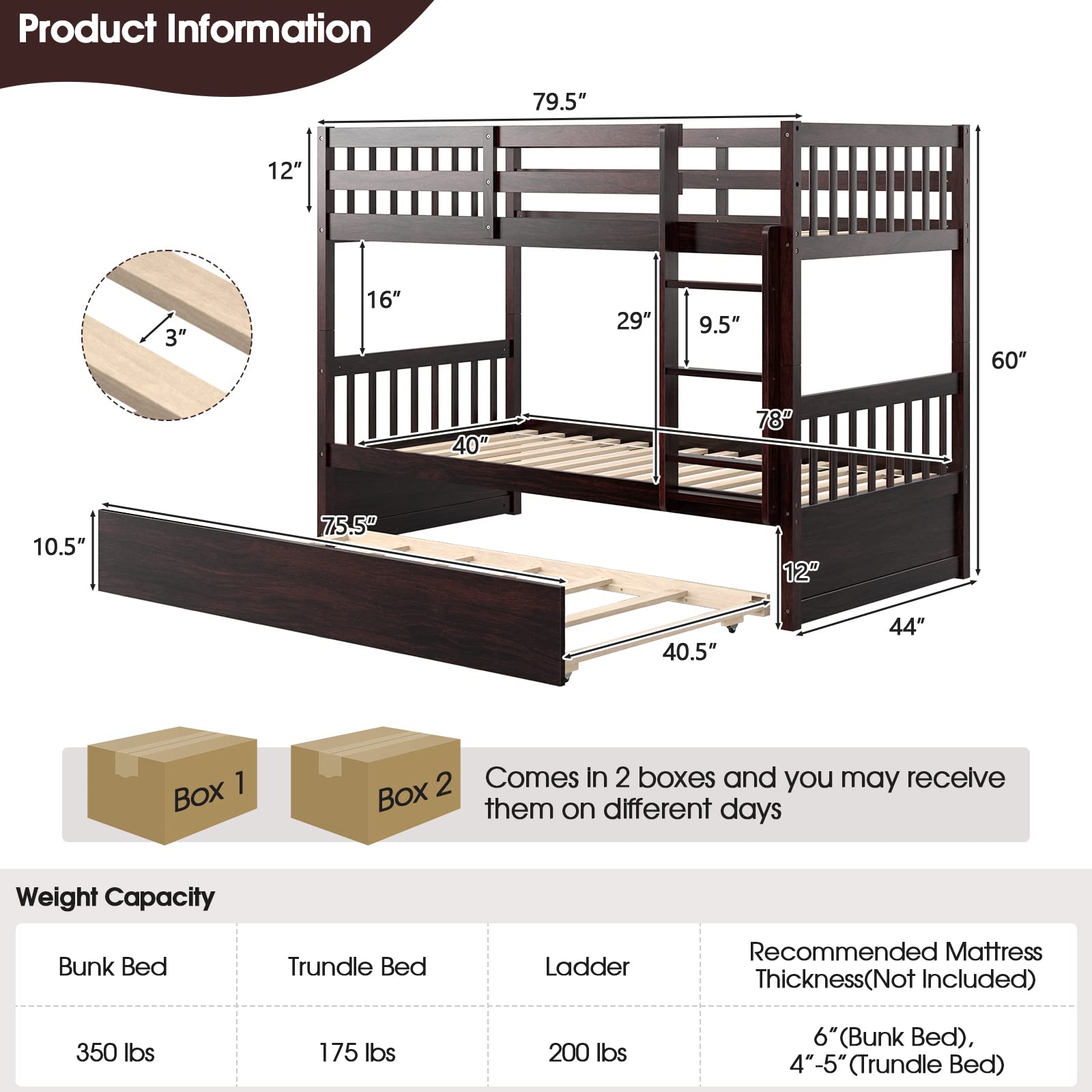 Twin Over Twin Wood Bunk Bed with Trundle, 2-in-1 Convertible Bunk Bed with Ladder & Solid Wood Frame