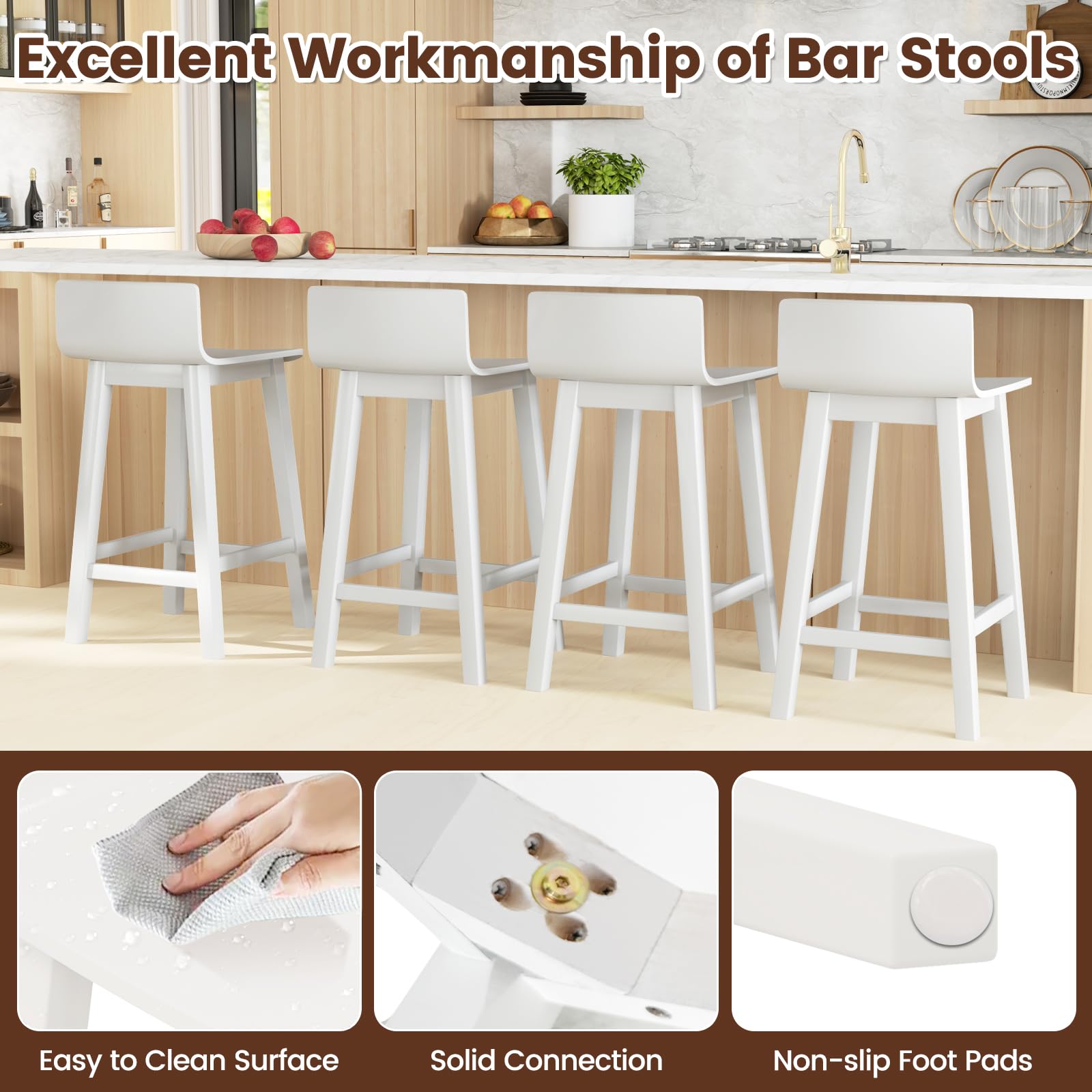 Solid Wood Bar Stools Set of 2/4, Counter Height Chairs with Low Back and Footrest