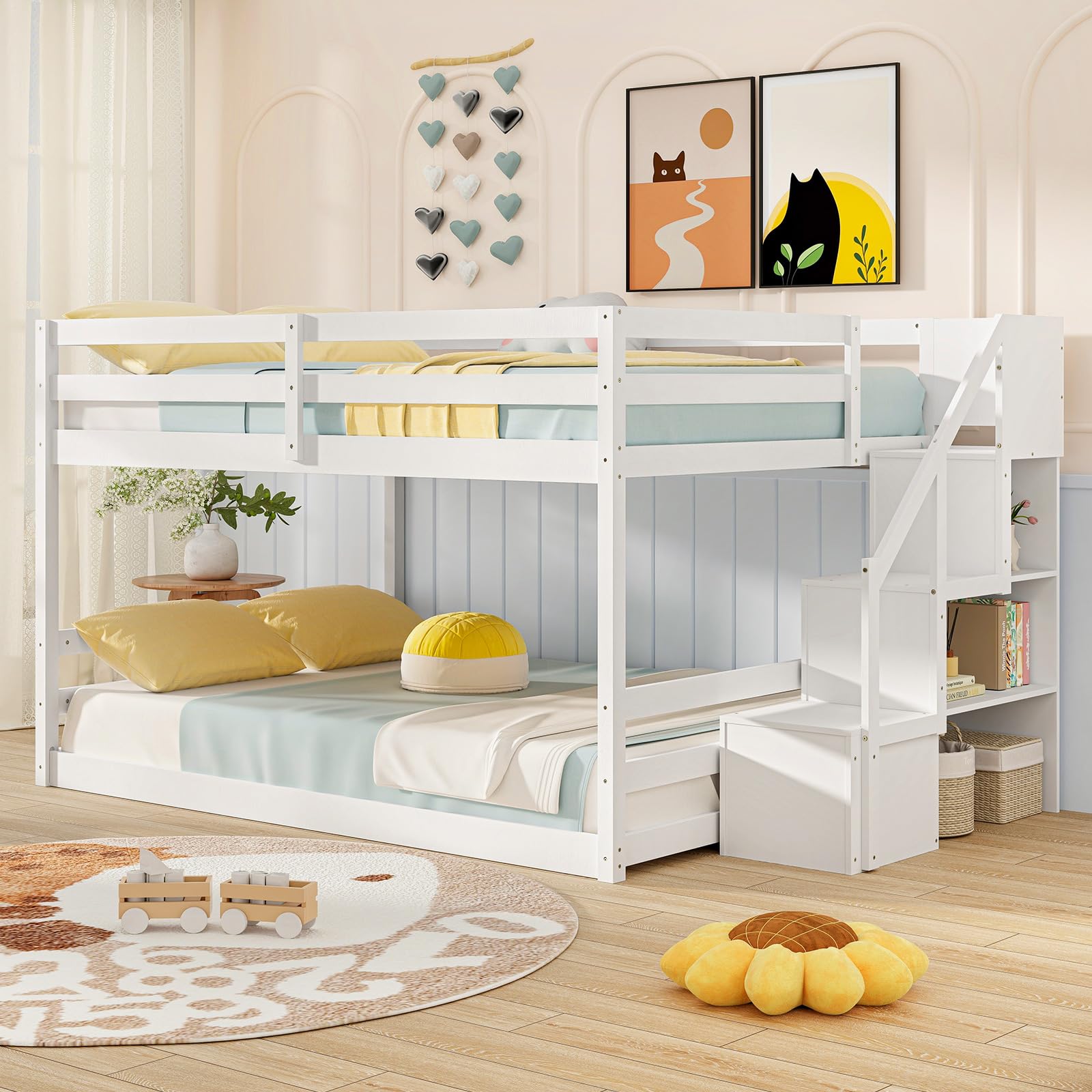 Bunk Bed with Stairs, Solid Wood Floor Bunk Bed with Storage Staircase & Full-Length Guardrails