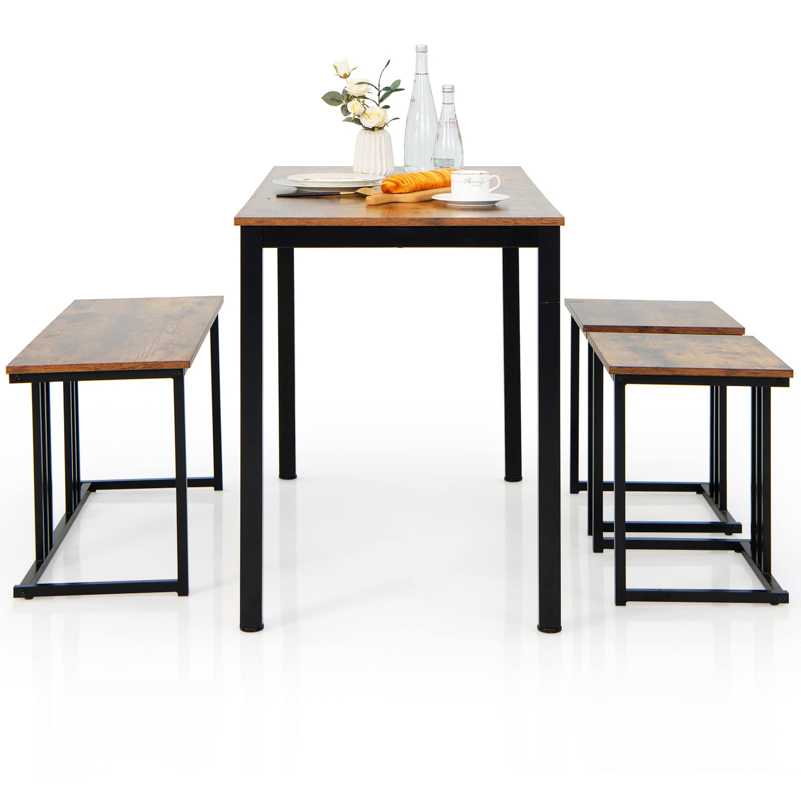 4 Piece Dining Table Set for 4 with Bench & 2 Stools, Space-Saving Desk Set