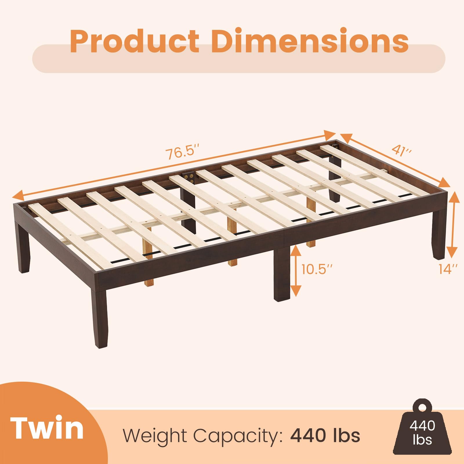 Wood Platform Bed Frame, 14 Inches Wooden Mattress Foundation with Solid Rubber Wood Legs
