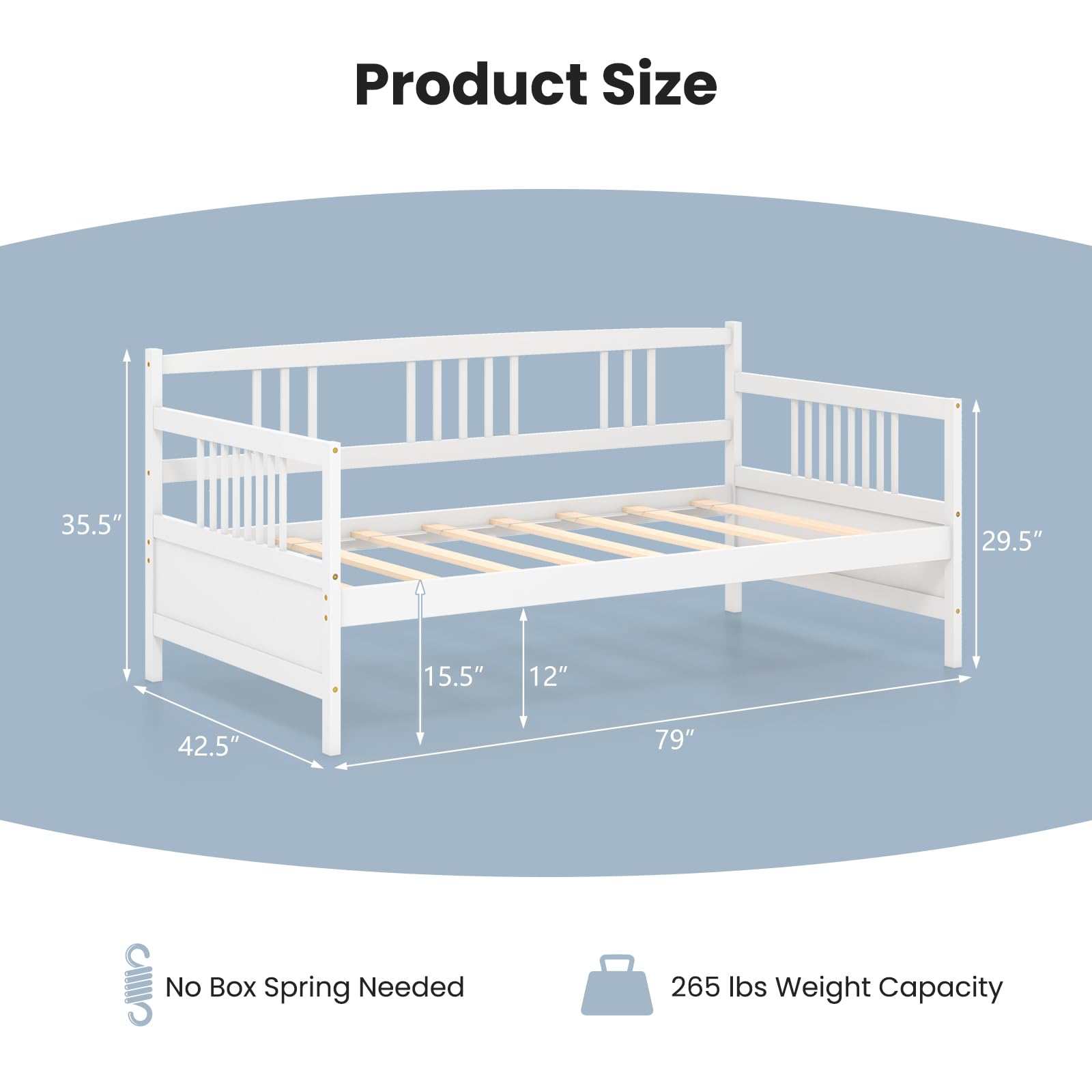 Twin Daybed Frame, Wooden Sofa Bed Guest Bed with Rails & Wood Slat Support