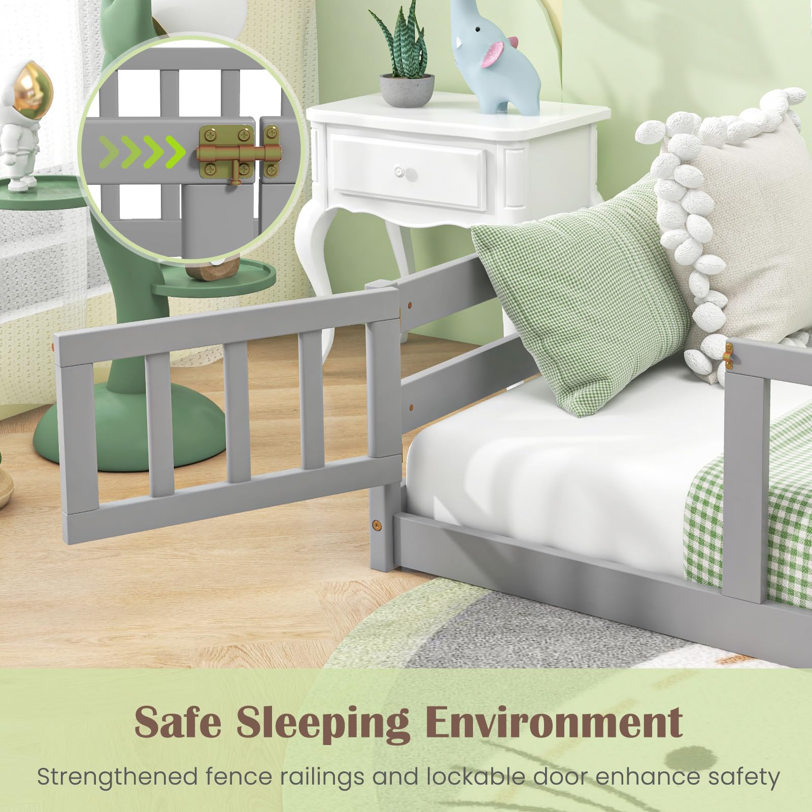 Twin Floor Bed with Door & Fence, Kids Wood Montessori Bed with Safety Guardrails