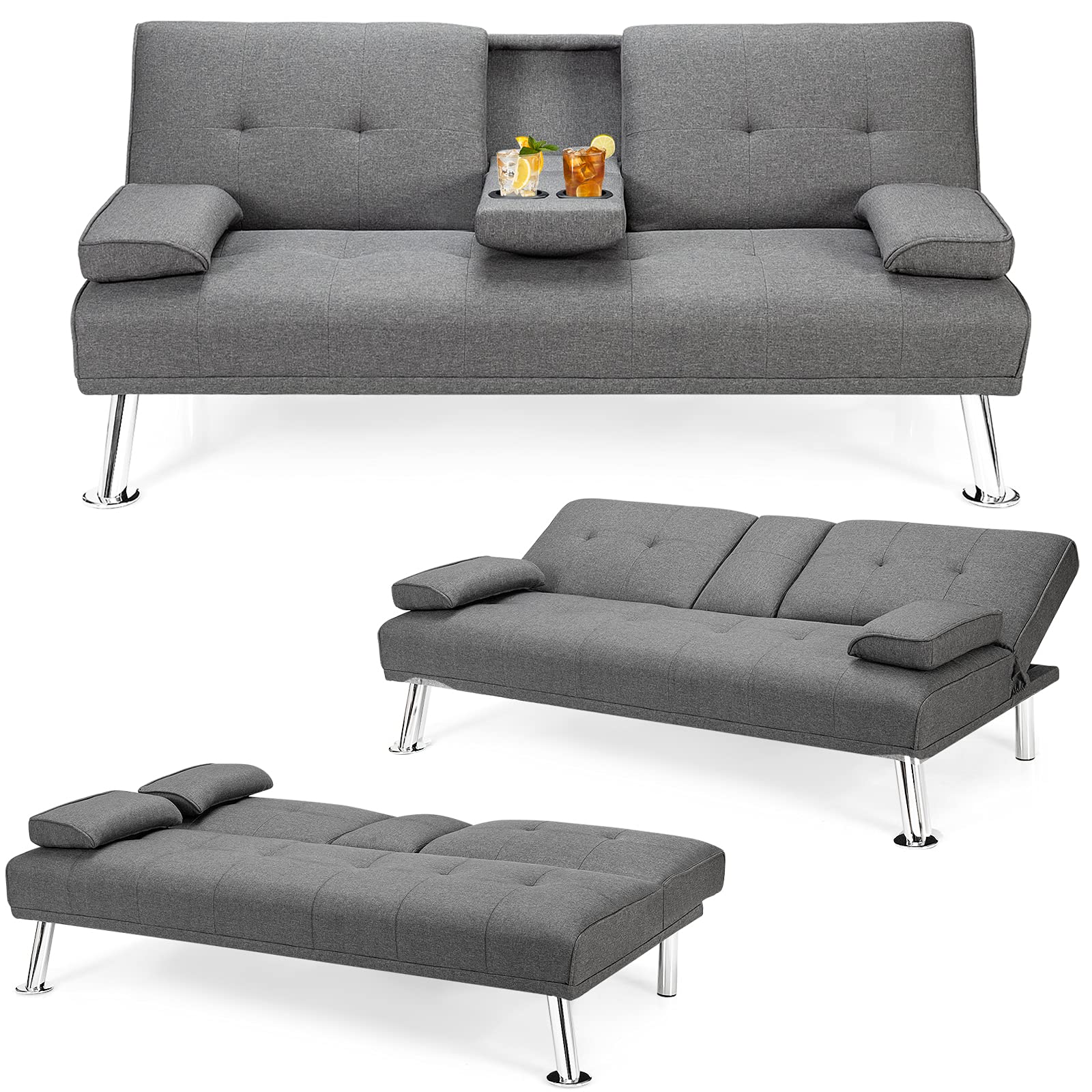Convertible Futon Sofa Bed with Adjustable Backrest & Removable Armrests, 2 Cup Holders