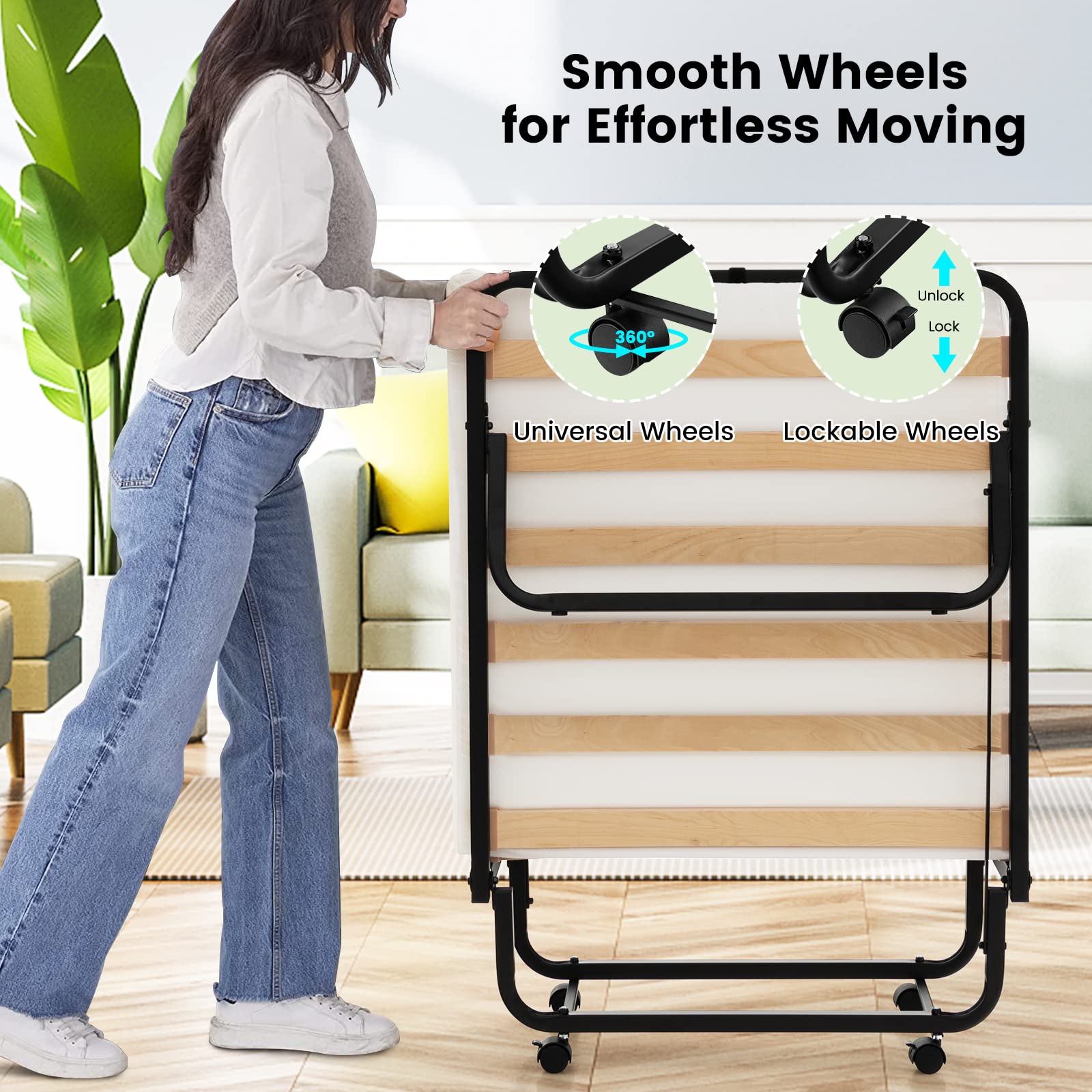 Folding Bed with 4 Inch Mattress for Adults, Cot Size Rollaway Guest Bed w/Memory Foam Mattress & Solid Wood Slats