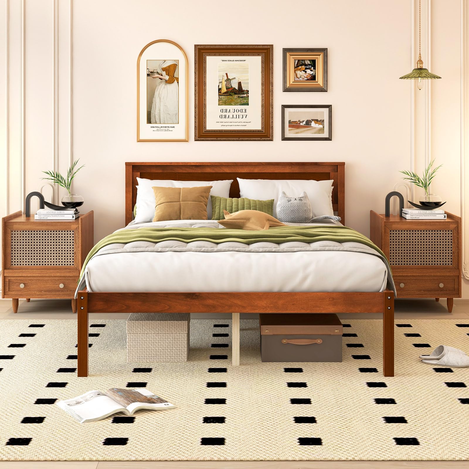 Wooden Platform Bed Frame with Headboard & Wood Slat Support