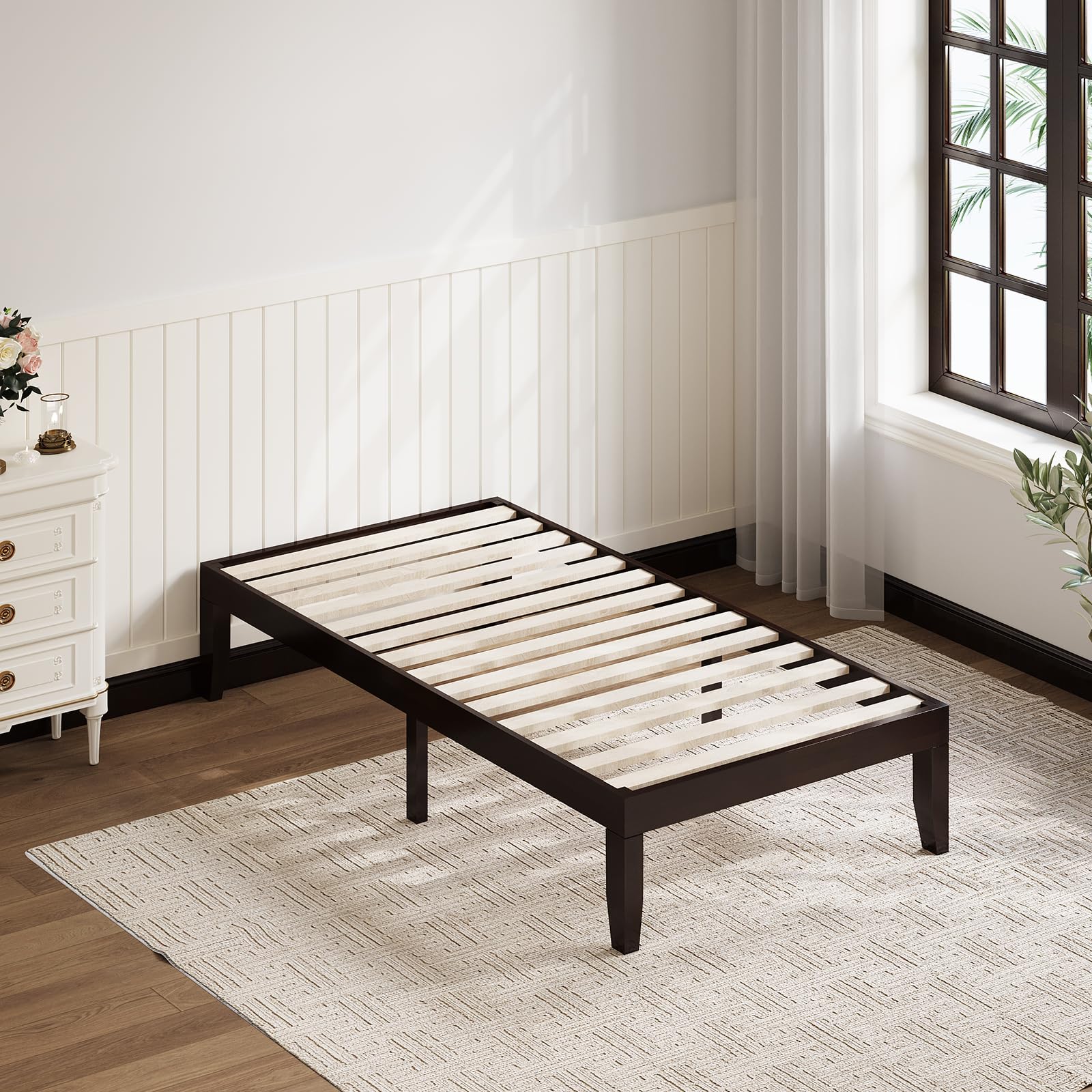 14 Inches Wood Platform Bed Frame, Solid Wood Mattress Foundation with Rubber Wood Frame