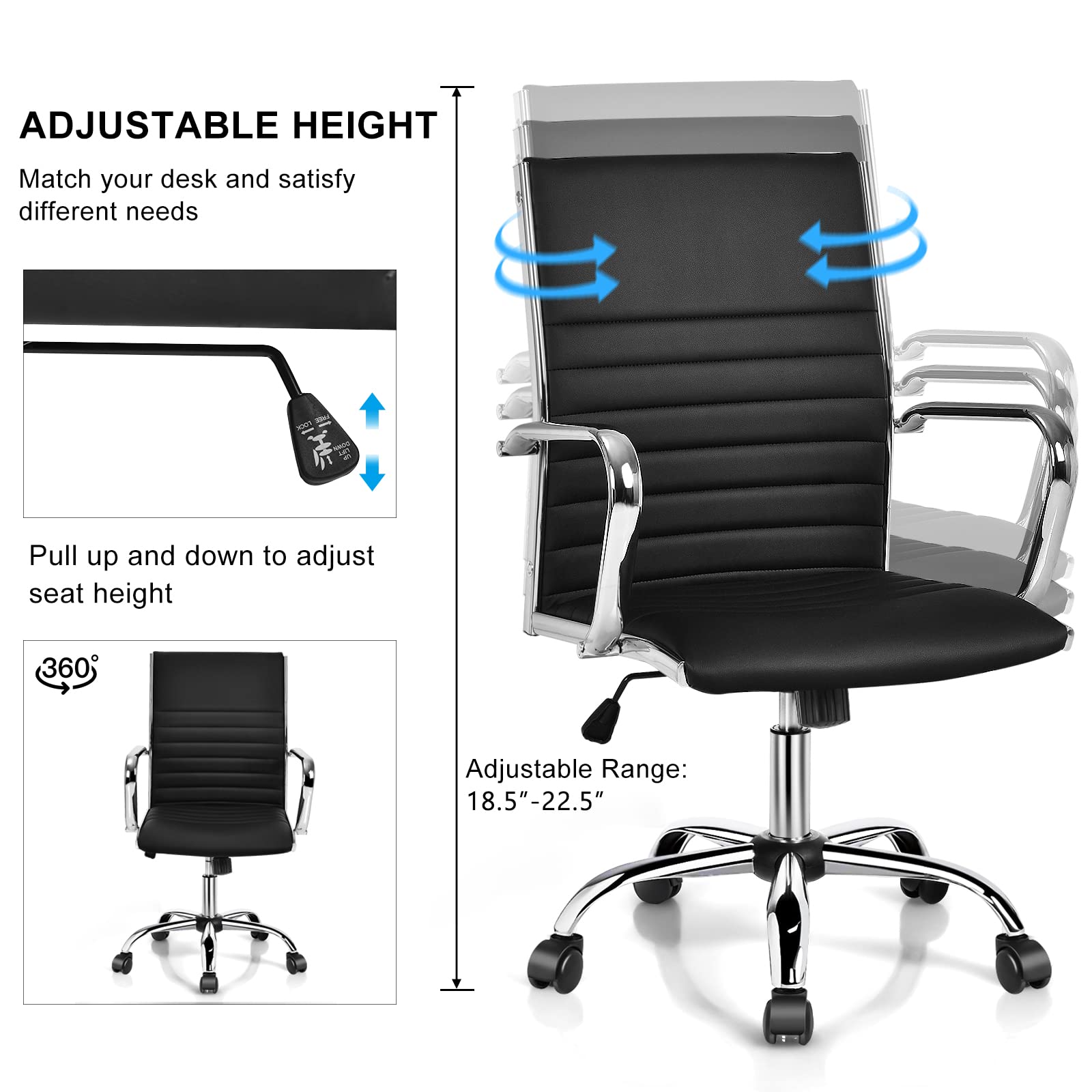 Ribbed Office Chair, Ergonomic Modern Leather Desk Chair with Adjustable Height & Arms, Swivel Mid Back Executive Conference Room Chairs