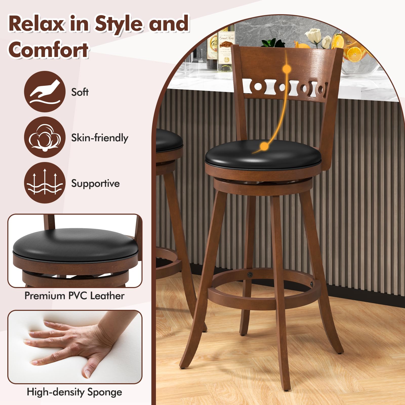 Swivel Bar Stools Set of 2/4, Bar Chairs with Back, Rubber Wood Frame